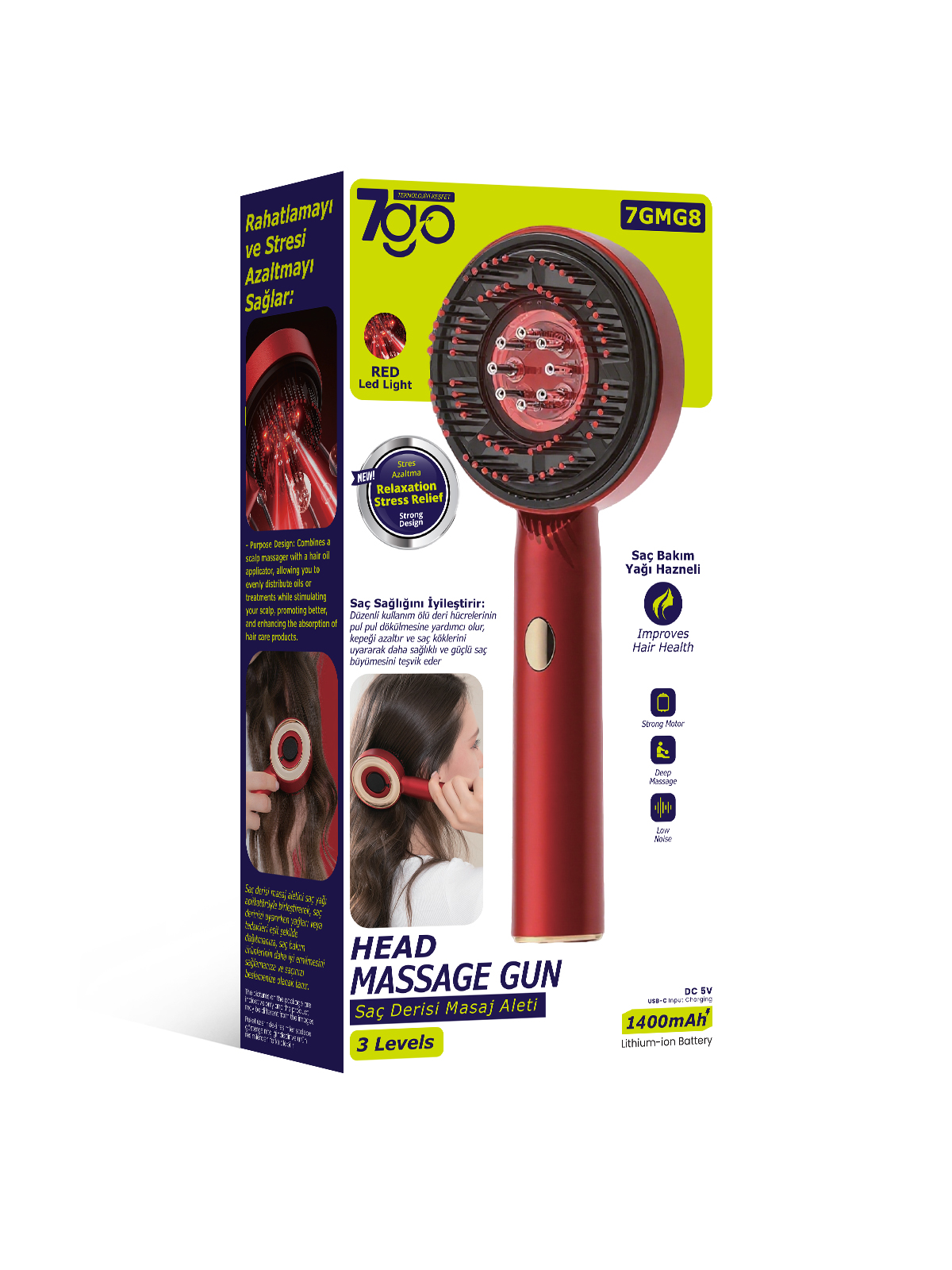 7GO 7GMG8 LED Işıklı Saç Derisi Masaj Aleti & Yağ Uygulamalı Şarjlı Head Massage Gun