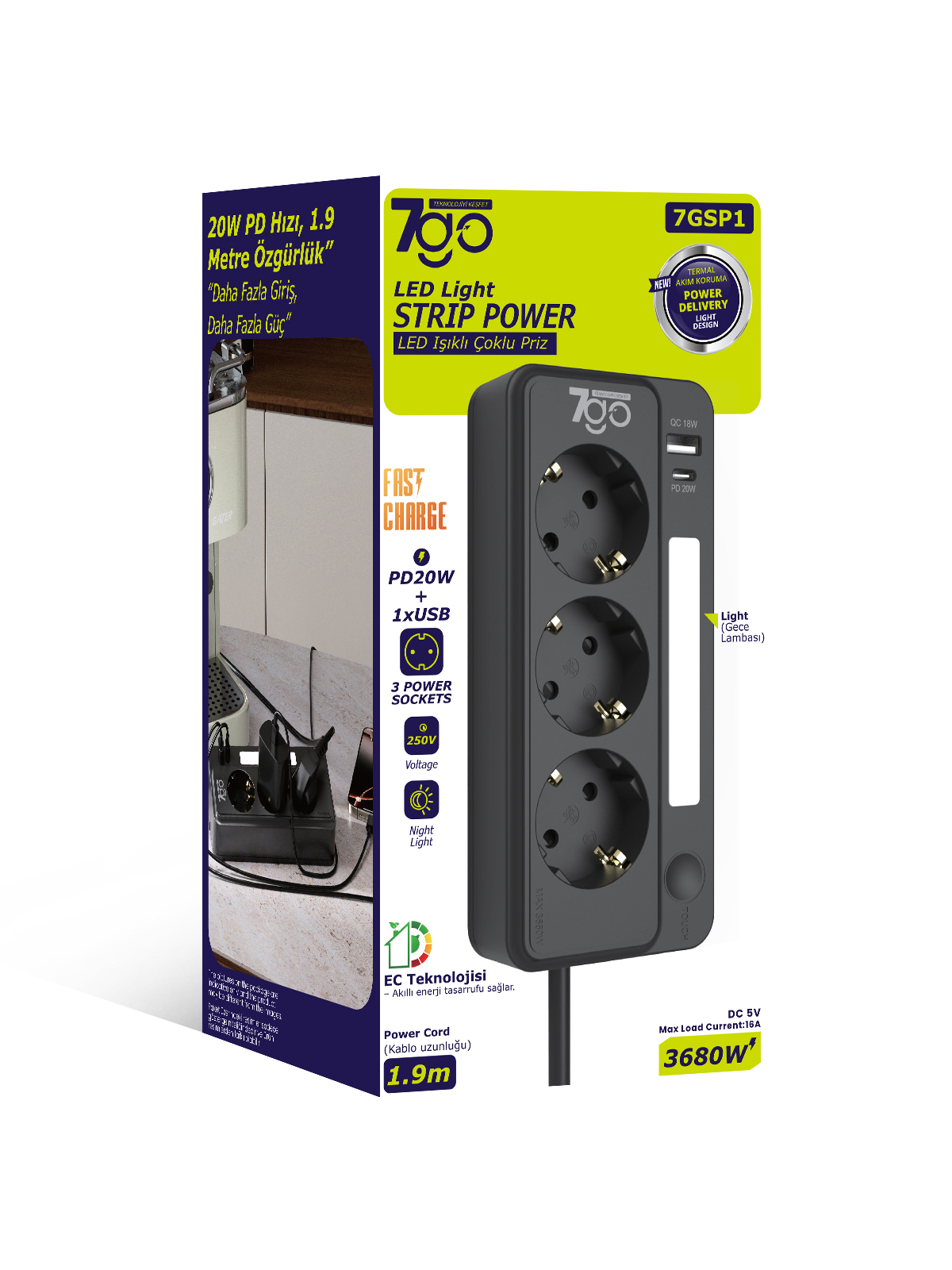 7GO 7GSP1 3680W 3'lü Priz Beyaz | Akım Korumalı | 20W PD Hızlı Şarj USB | 1.9m Kablolu Akıllı LED Gece Lambalı Çoklu Priz