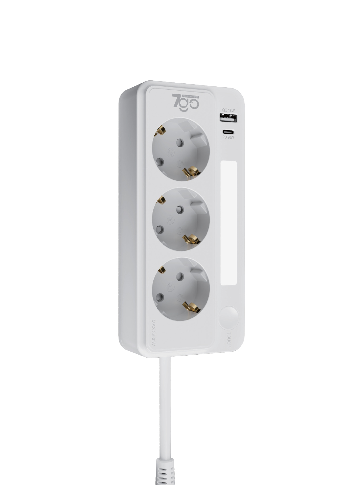 7GO 7GSP1 3680W 3'lü Priz Beyaz | Akım Korumalı | 20W PD Hızlı Şarj USB | 1.9m Kablolu Akıllı LED Gece Lambalı Çoklu Priz