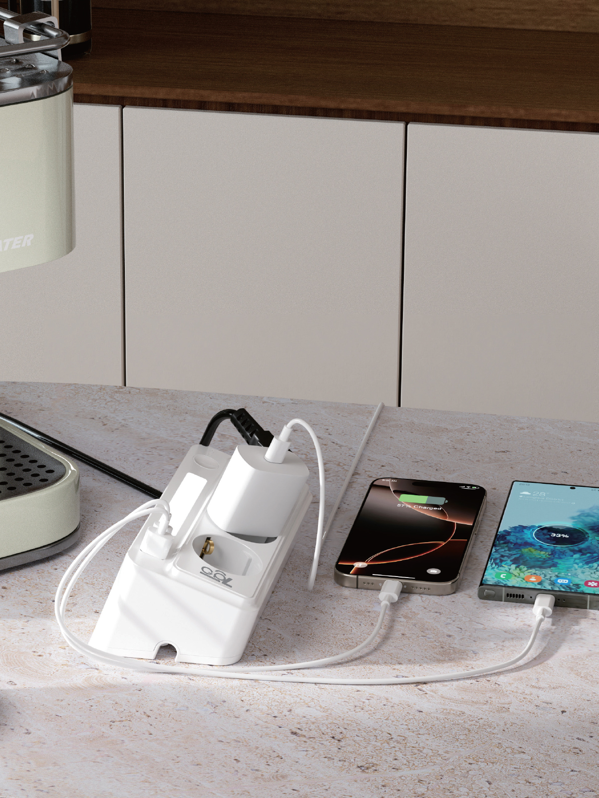 7GO 7GSP1 3680W 3'lü Priz Beyaz | Akım Korumalı | 20W PD Hızlı Şarj USB | 1.9m Kablolu Akıllı LED Gece Lambalı Çoklu Priz