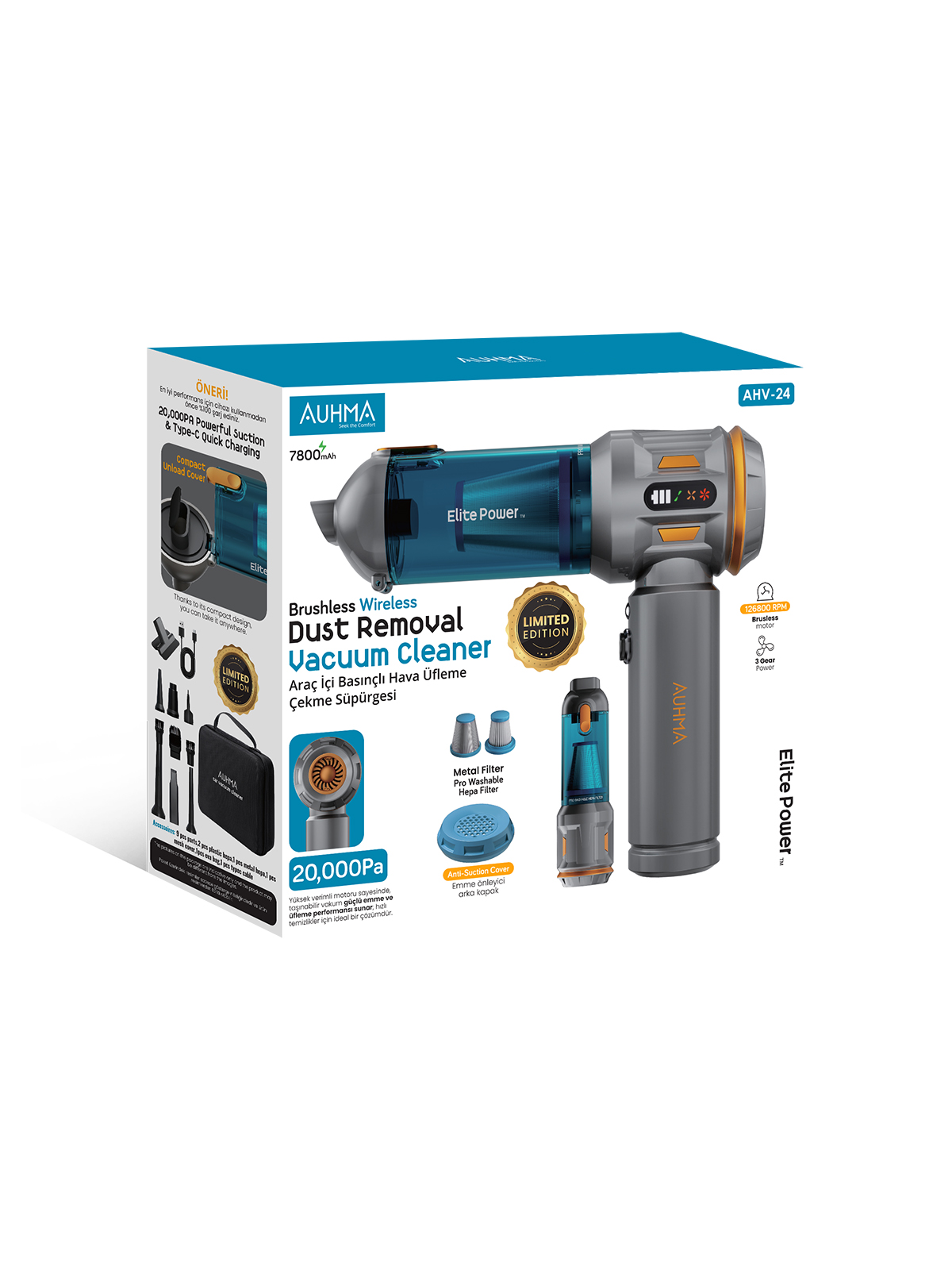 Auhma AHV-24 LIMITED EDITION Mavi – 20.000PA Brushless Kablosuz Araç İçi Basınçlı Üfleme & Çekme Süpürgesi | 126.800 RPM, 7800mAh, Hepa Filtre, 3 Mod, Pro Üfleme–Şişirme Fonksiyonu