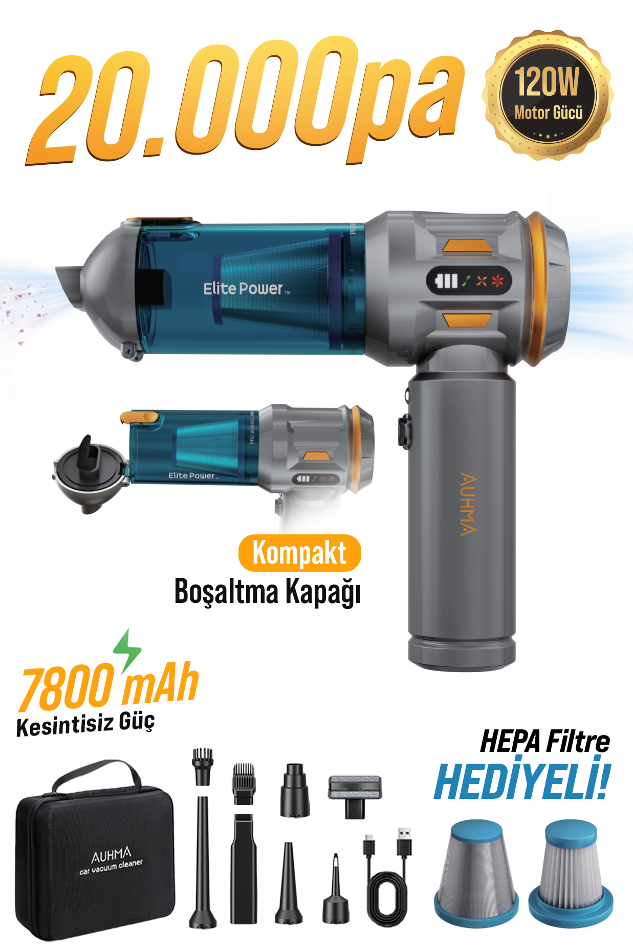 Auhma AHV-24 LIMITED EDITION Mavi – 20.000PA Brushless Kablosuz Araç İçi Basınçlı Üfleme & Çekme Süpürgesi | 126.800 RPM, 7800mAh, Hepa Filtre, 3 Mod, Pro Üfleme–Şişirme Fonksiyonu