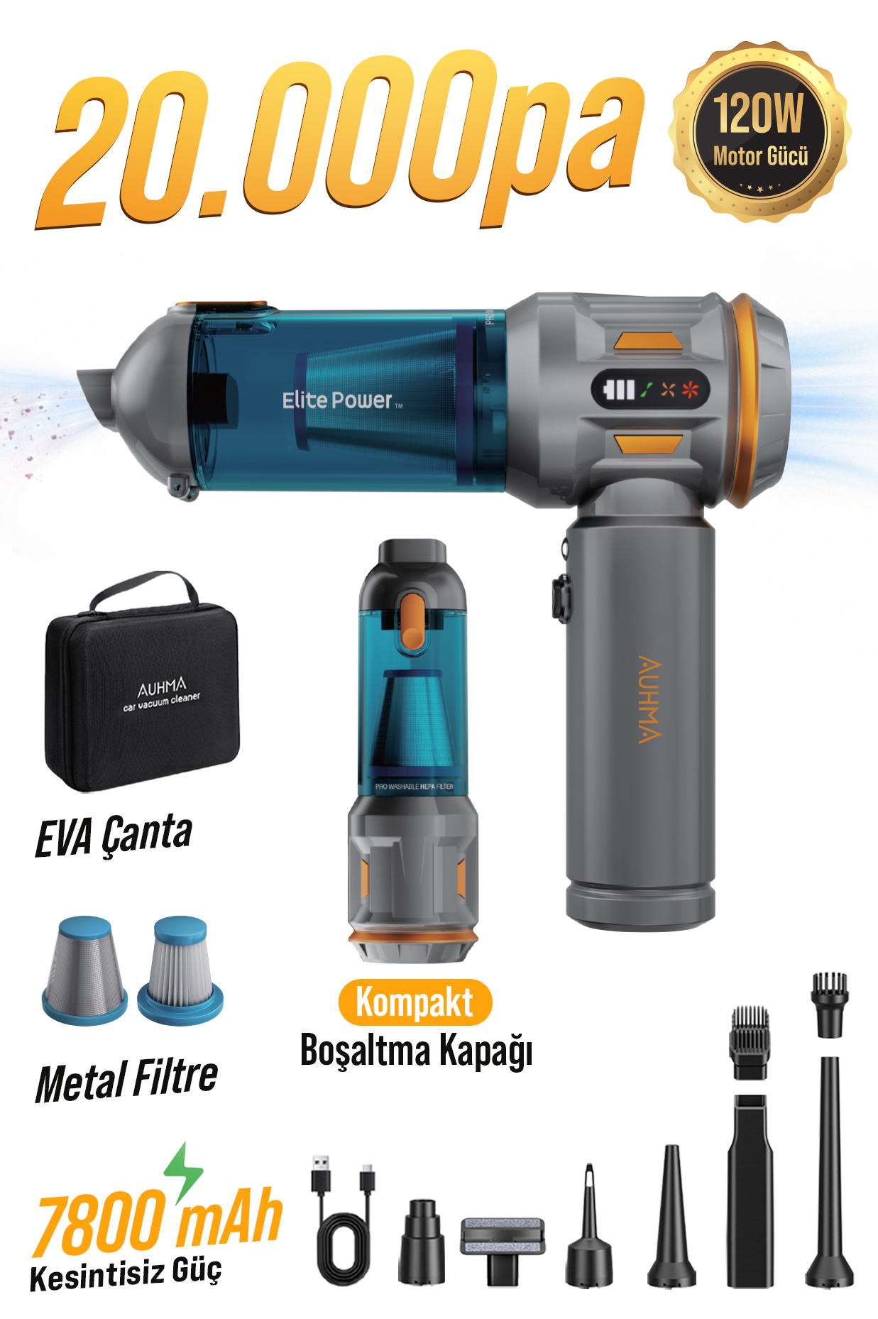 Auhma AHV-24 LIMITED EDITION Mavi – 20.000PA Brushless Kablosuz Araç İçi Basınçlı Üfleme & Çekme Süpürgesi | 126.800 RPM, 7800mAh, Hepa Filtre, 3 Mod, Pro Üfleme–Şişirme Fonksiyonu