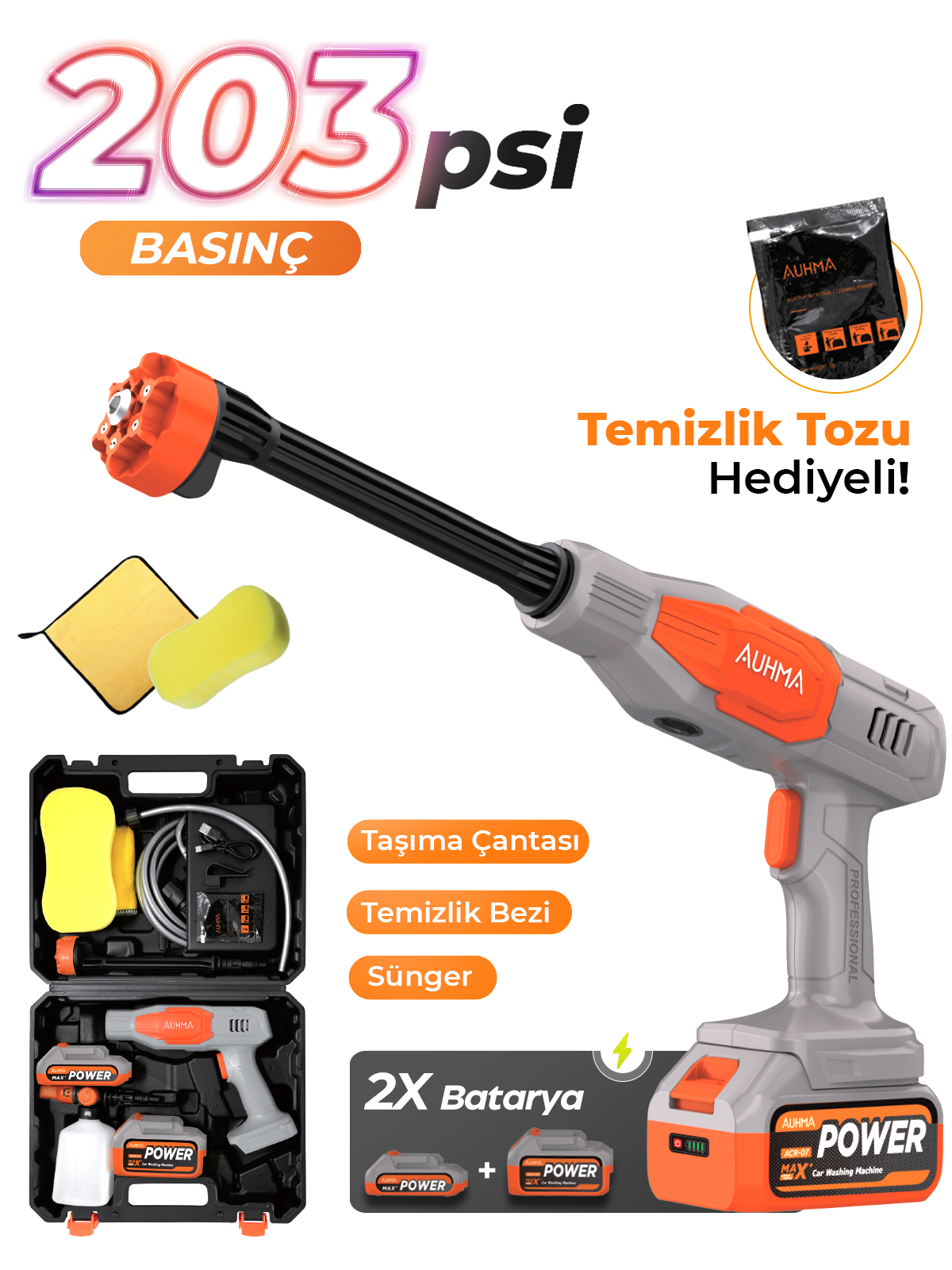 AUHMA ACR-07 21V Akülü Basınçlı Oto Yıkama Makinesi – 203 PSI, Çift Bataryalı, Fırçasız Motor, Taşınabilir Yüksek Basınçlı Su Tabancası