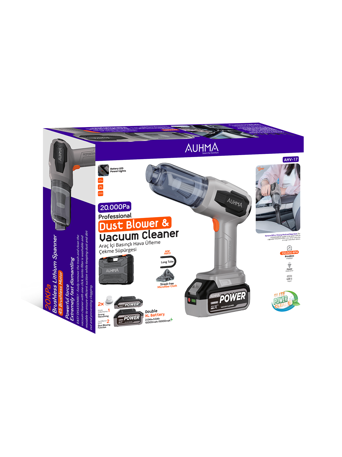 AUHMA AHV-17 Profesyonel Araç İçi Mini Süpürge & Hava Üfleme Makinesi | 20.000 Pa Çekim Gücü | Fırçasız Motor | Type-C Hızlı Şarj