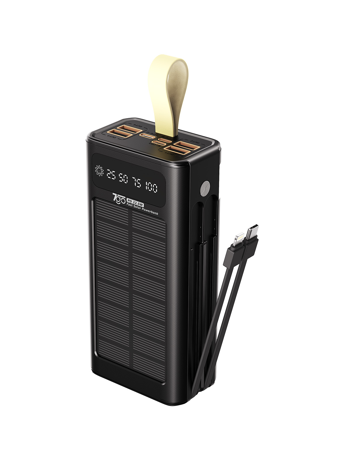 7GO GPW-09 30000mAh Güneş Enerjili Powerbank | PD 22.5W Hızlı Şarj | Dahili Type-C & Lightning Kablo | LCD Dijital Ekran | 4 USB Çıkış