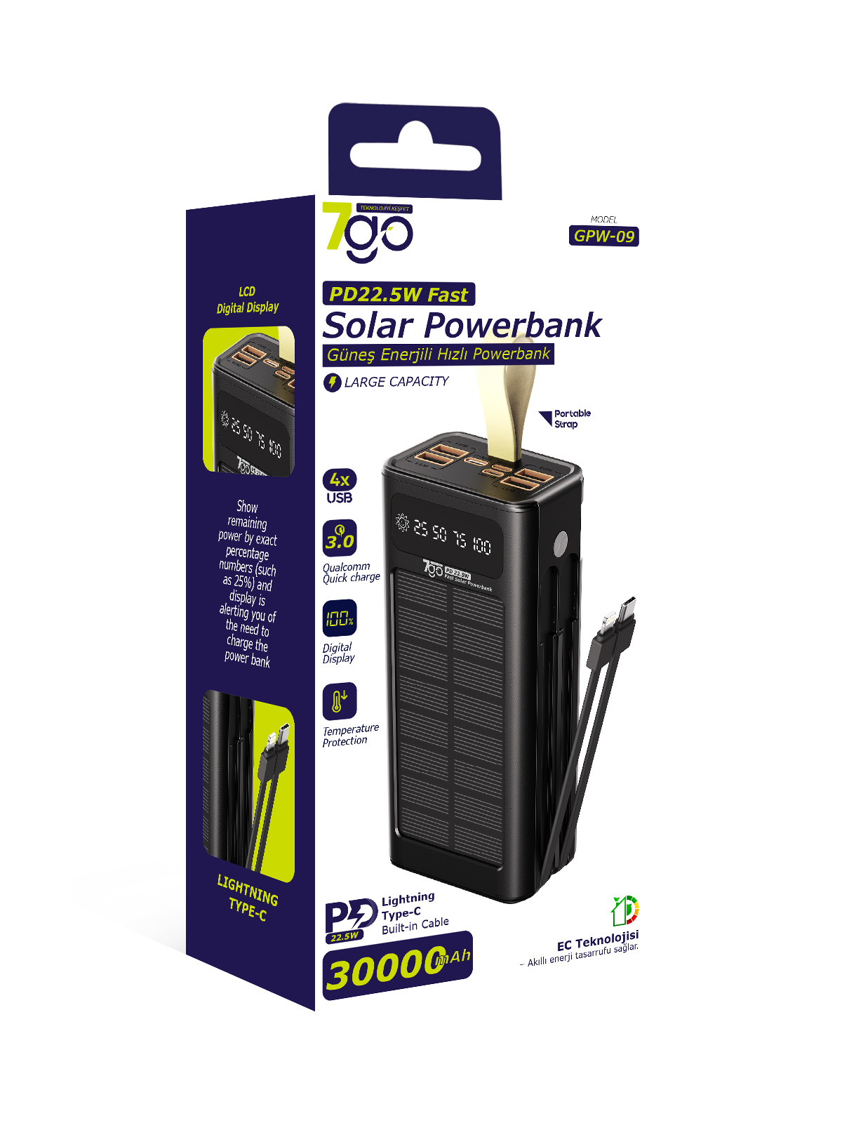 7GO GPW-09 30000mAh Güneş Enerjili Powerbank | PD 22.5W Hızlı Şarj | Dahili Type-C & Lightning Kablo | LCD Dijital Ekran | 4 USB Çıkış