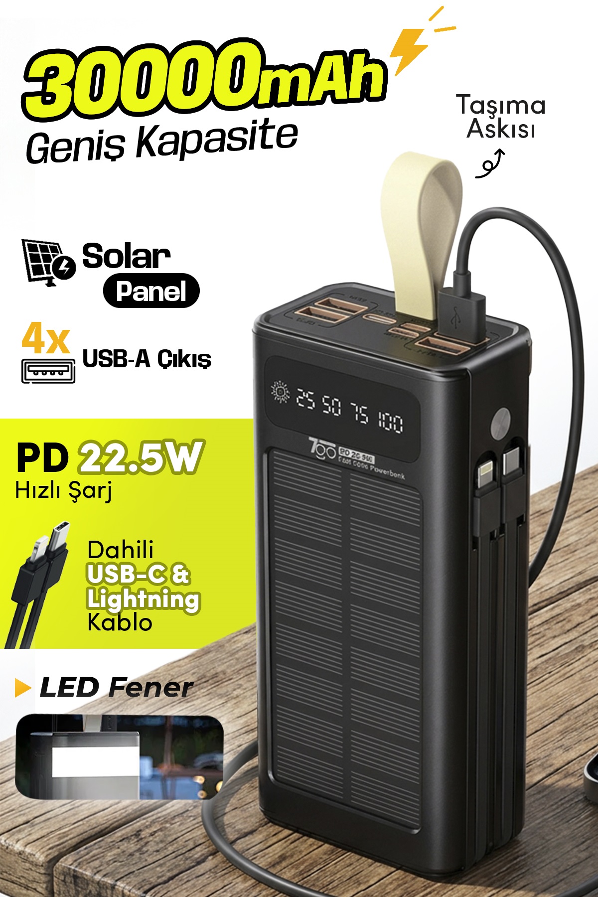 7GO GPW-09 30000mAh Güneş Enerjili Powerbank | PD 22.5W Hızlı Şarj | Dahili Type-C & Lightning Kablo | LCD Dijital Ekran | 4 USB Çıkış