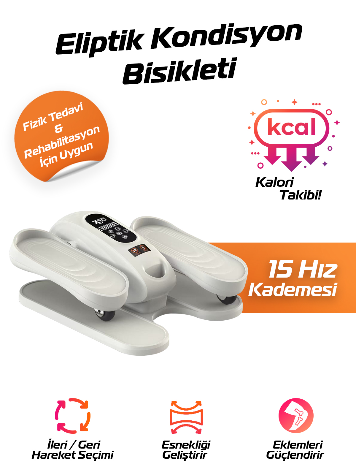 7GO 7GMG11 Eliptik Kondisyon & Rehabilitasyon Cihazı Beyaz – 15 Kademe Hız, Uzaktan Kumandalı, LCD Ekranlı, Kol & Bacak Egzersiz Aleti (50W – Düşük Ses – Siyah)