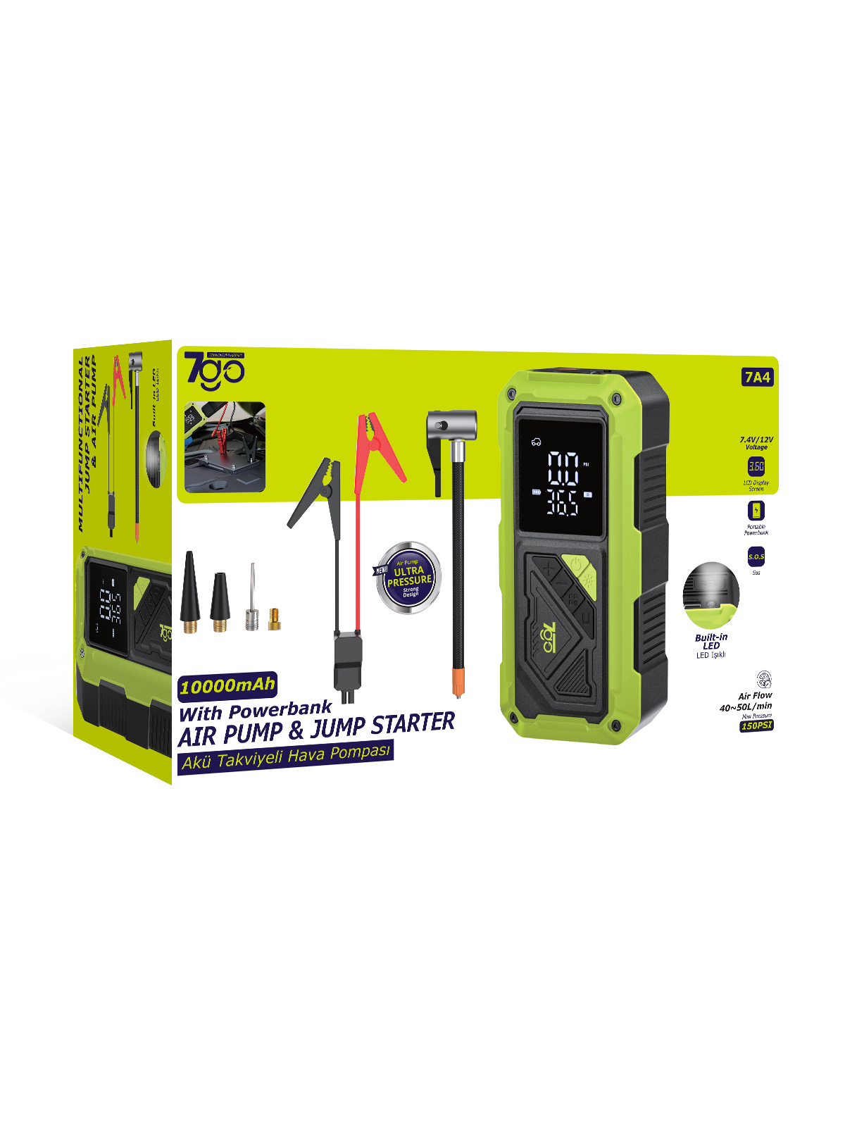 7GO 7A4 Akü Takviyeli Hava Pompası & Jump Starter 10000mAh Powerbank – Çok Fonksiyonlu Araç Destek Cihazı