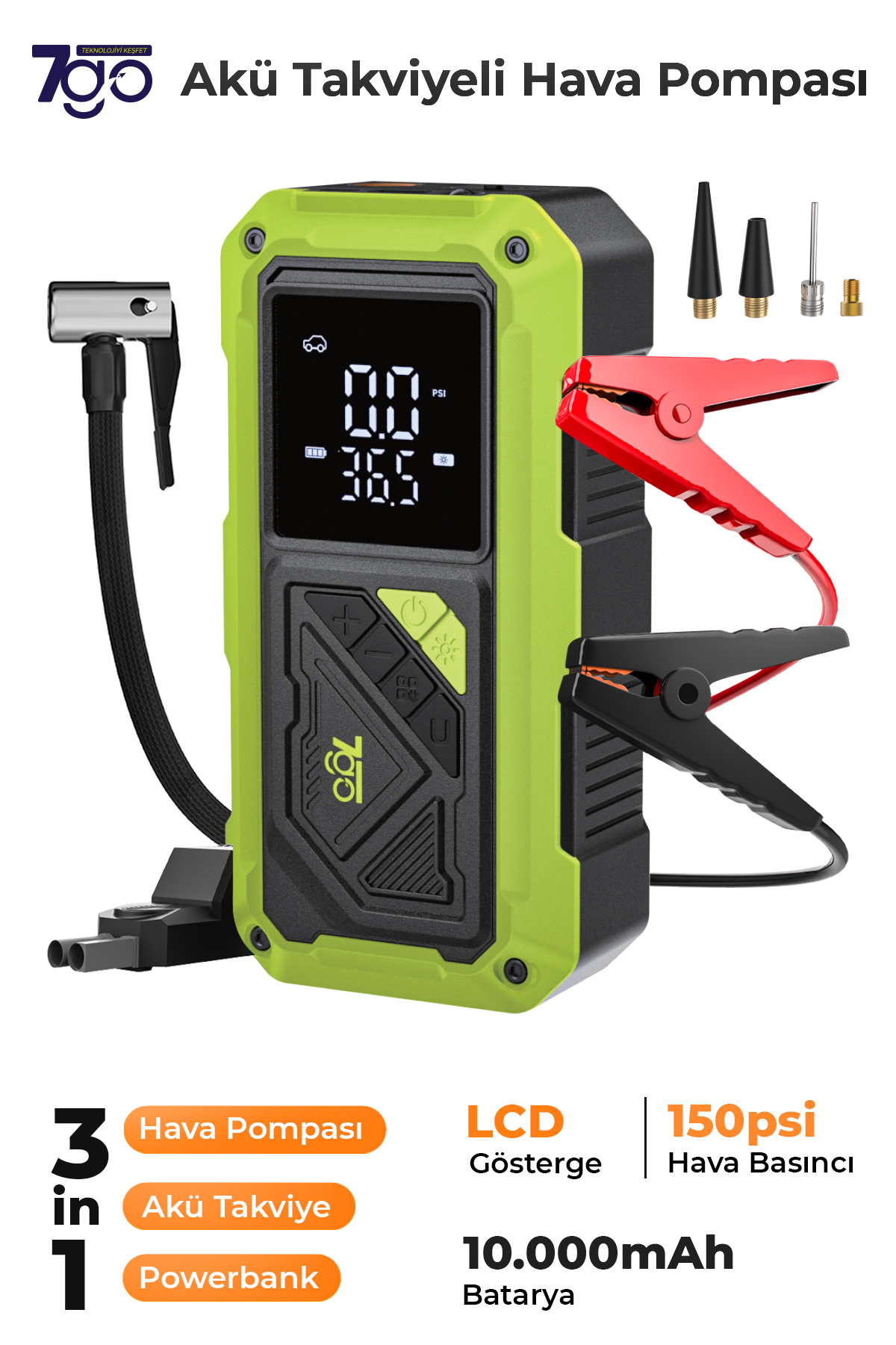 7GO 7A4 Akü Takviyeli Hava Pompası & Jump Starter 10000mAh Powerbank – Çok Fonksiyonlu Araç Destek Cihazı