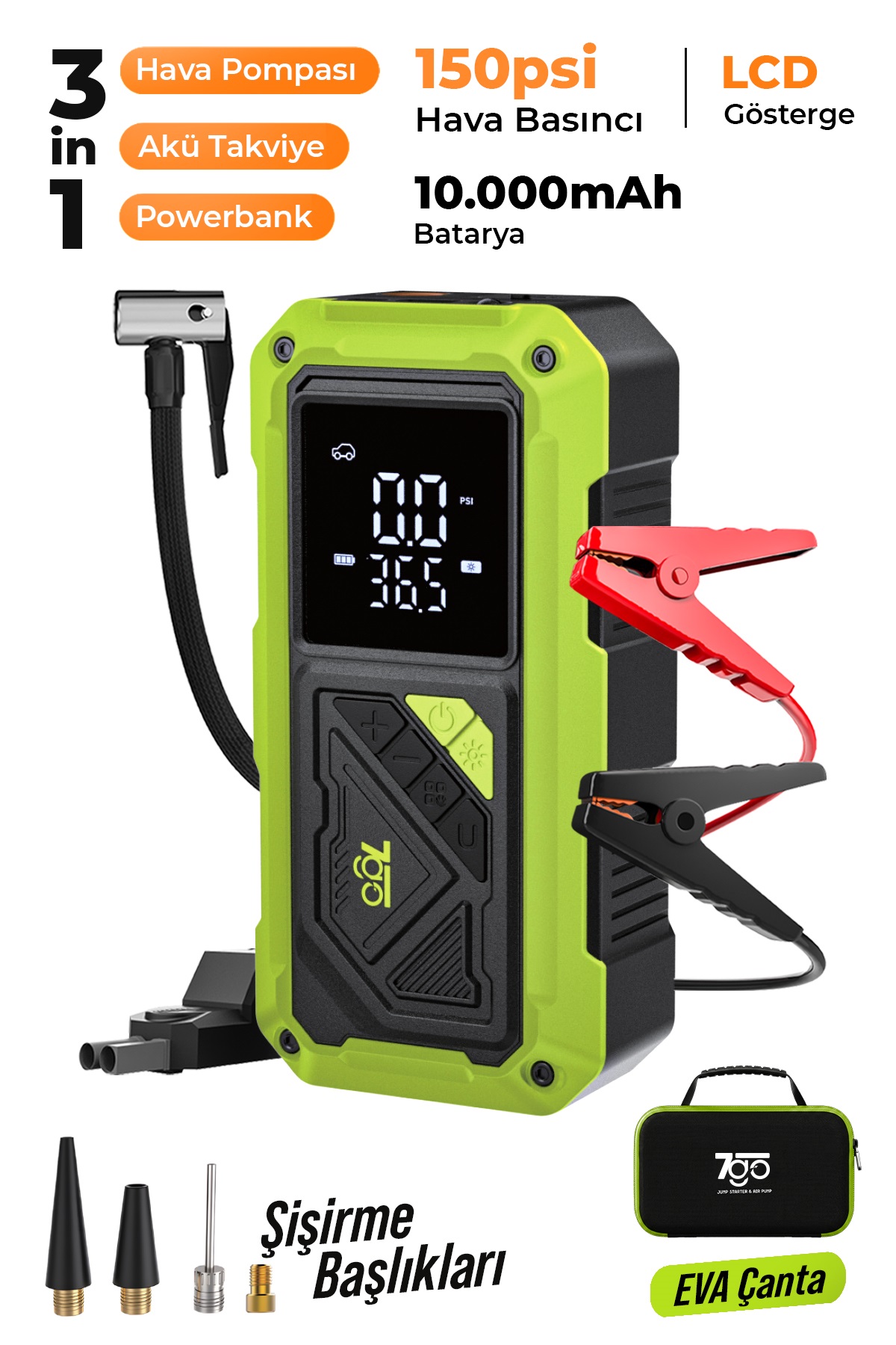7GO 7A4 Akü Takviyeli Hava Pompası & Jump Starter 10000mAh Powerbank – Çok Fonksiyonlu Araç Destek Cihazı