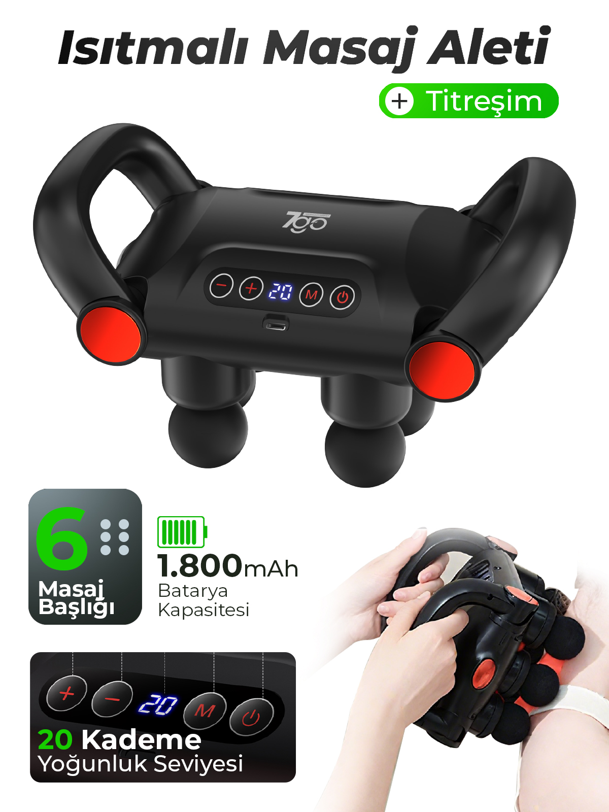 7GO 7GMG5 Isıtmalı Masaj Tabancası – 6 Başlıklı, 5 Modlu, 20 Kademeli, LCD Ekranlı Titreşimli Masaj Aleti