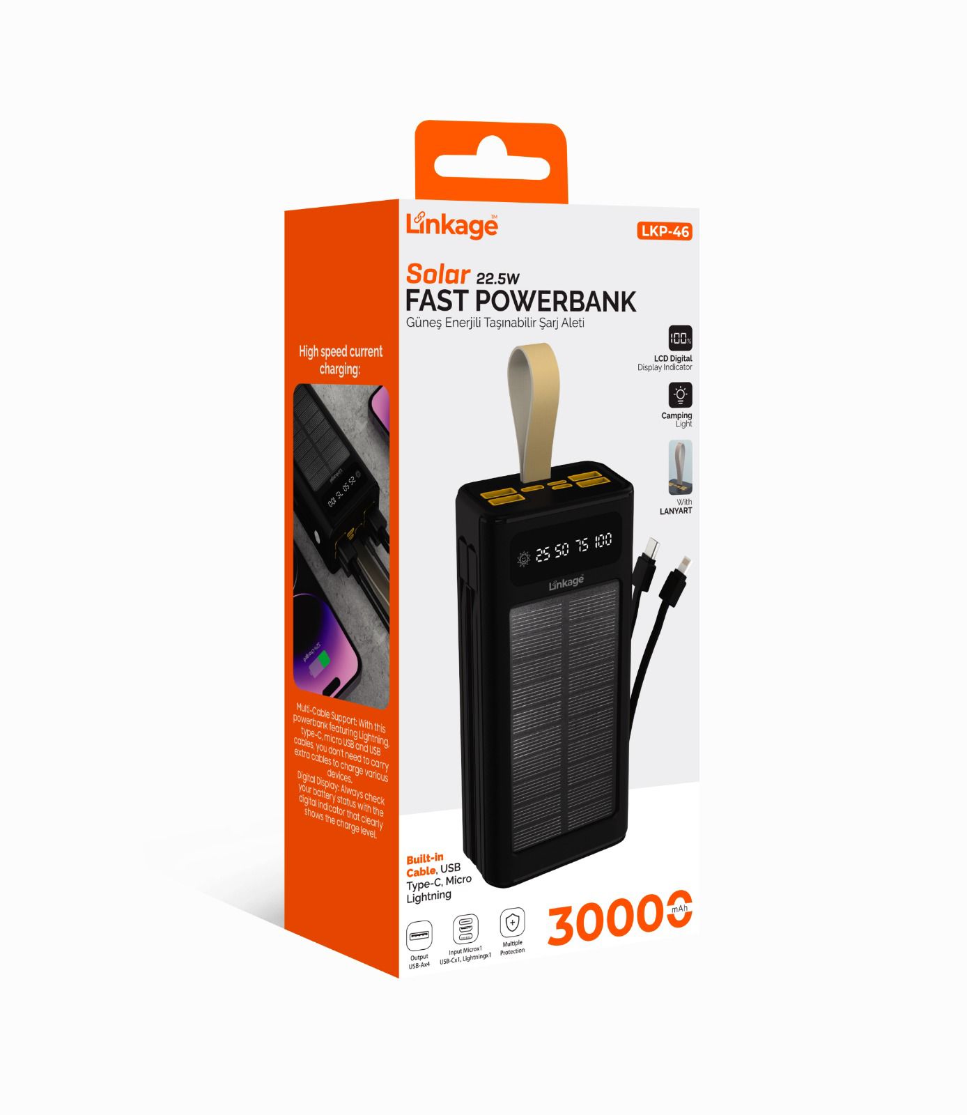 Linkage LKP-46 30.000 mAh Güneş Enerjili Powerbank - 22.5W Hızlı Şarj, 4 Dahili Kablolu ve Kamp Fenerli
