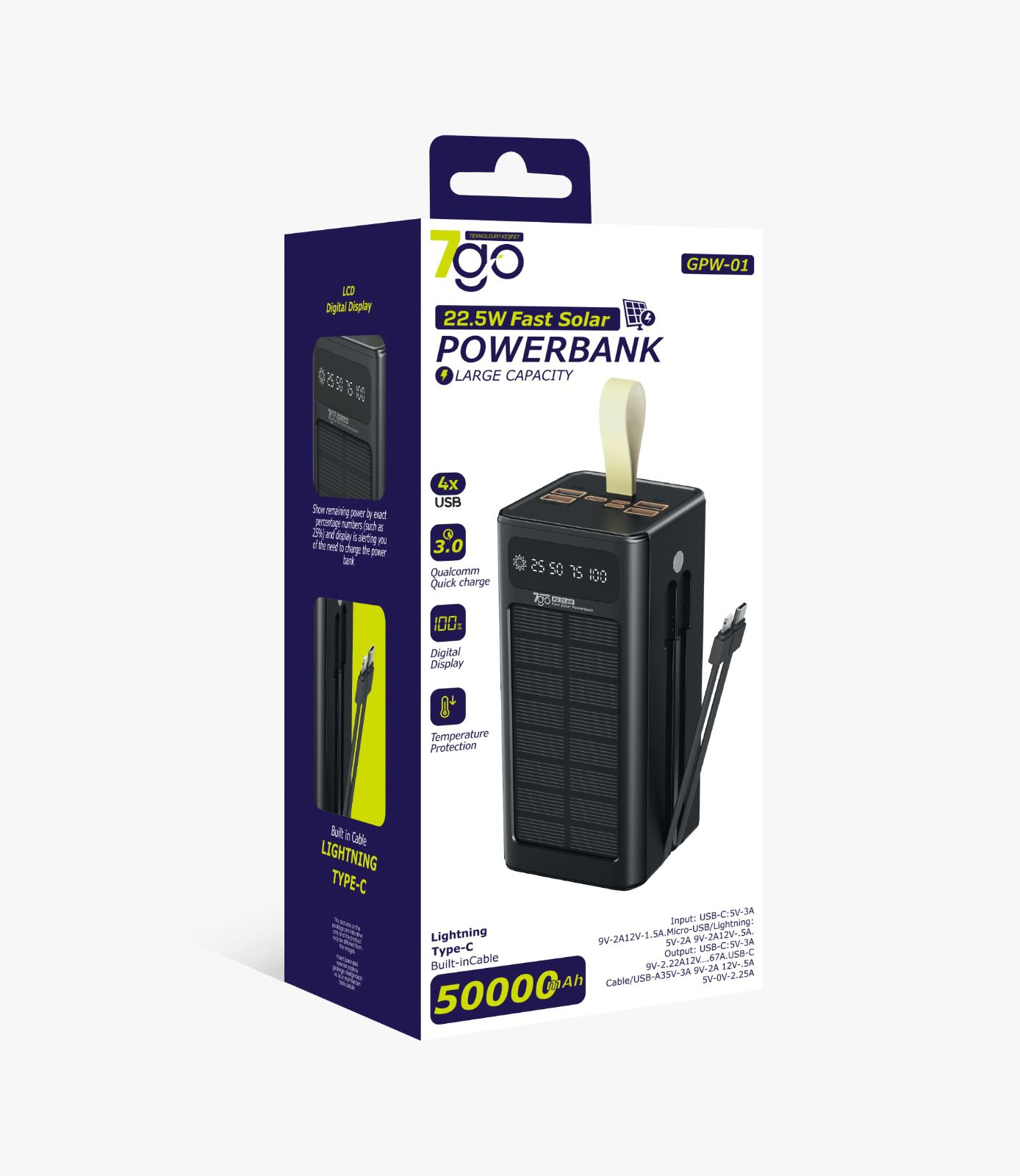 7go GPW-01 50.000 mAh Solar Powerbank: 22.5W Hızlı Şarj, Dahili Kablolu ve Güneş Enerjili Dev Güç