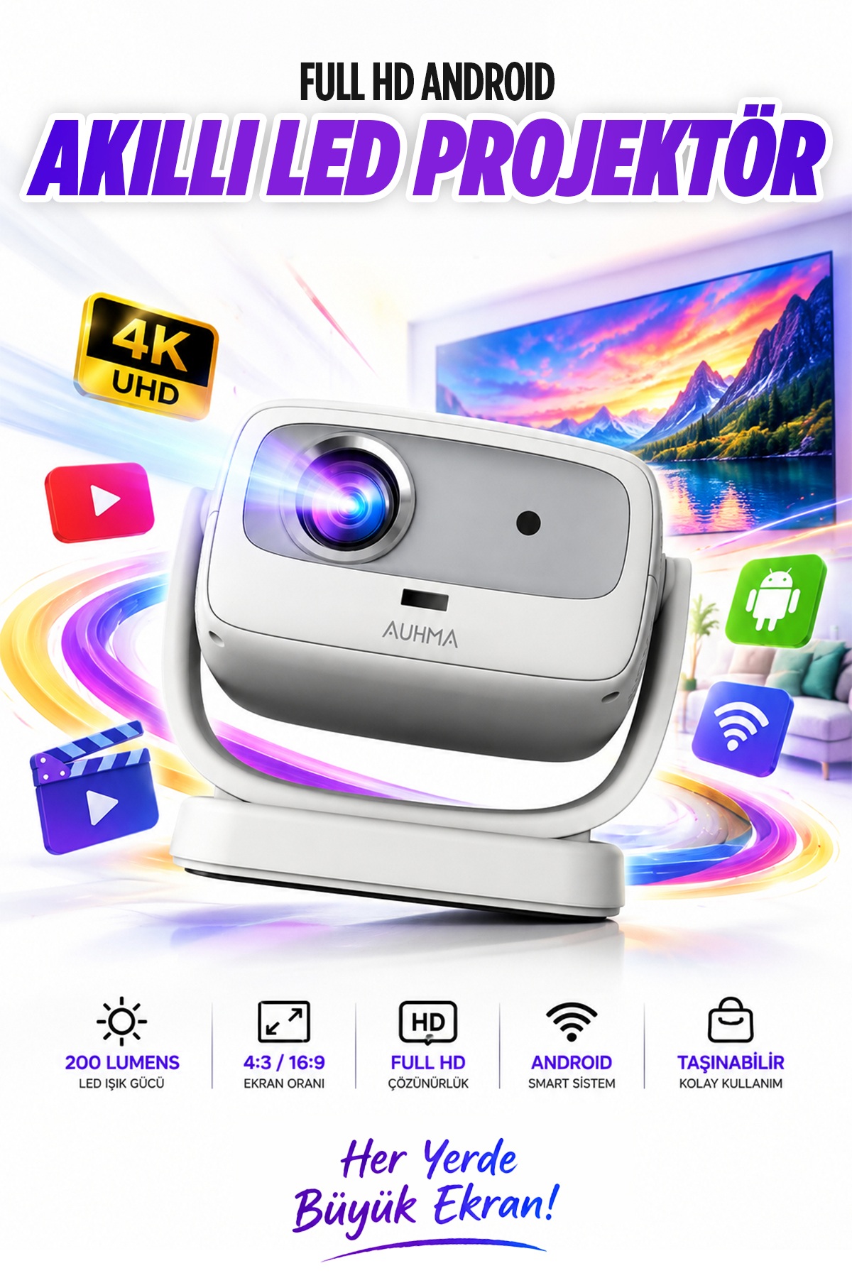 Auhma APR1 180° Dönebilen 4K Destekli Android Akıllı LED Projeksiyon Cihazı – Wi-Fi 6 ve Otomatik Odaklama