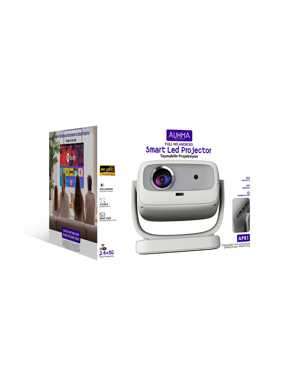 Auhma APR1 180° Dönebilen 4K Destekli Android Akıllı LED Projeksiyon Cihazı – Wi-Fi 6 ve Otomatik Odaklama