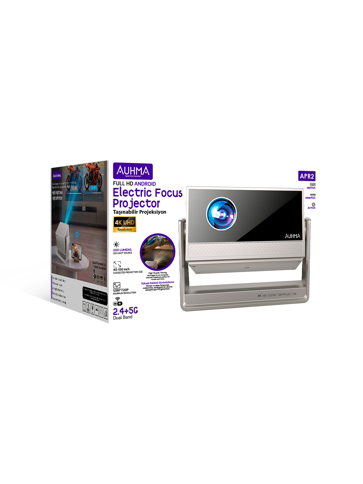 Auhma APR2 Autofocus 4K Destekli Akıllı Android Projeksiyon Cihazı – Elektrikli Odaklama ve Çift Bant Wi-Fi