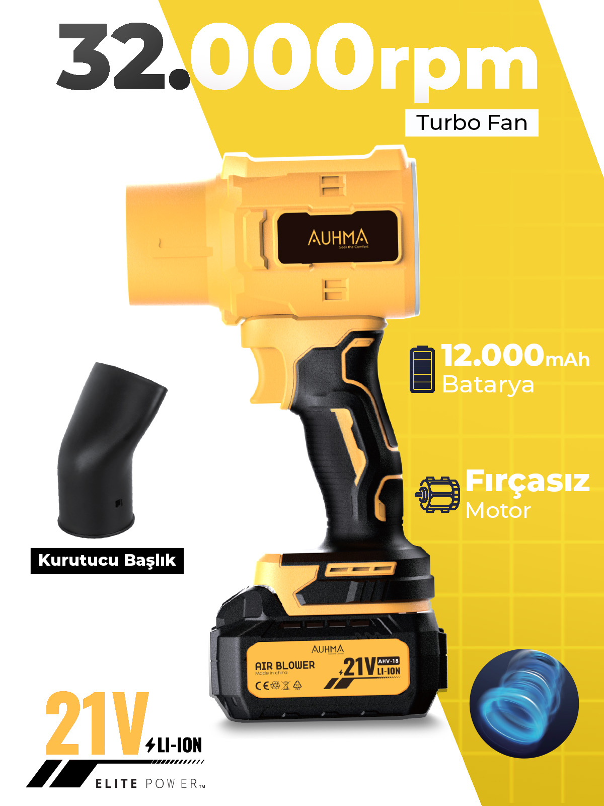 AUHMA AHV-18 Şarjlı Turbo Fan Hava Üfleyici Sarı - 21V Kömürsüz Motor (Brushless) - 32.000 RPM Oto Kurutma, PC Temizleme ve Bahçe Üfleme Makinesi