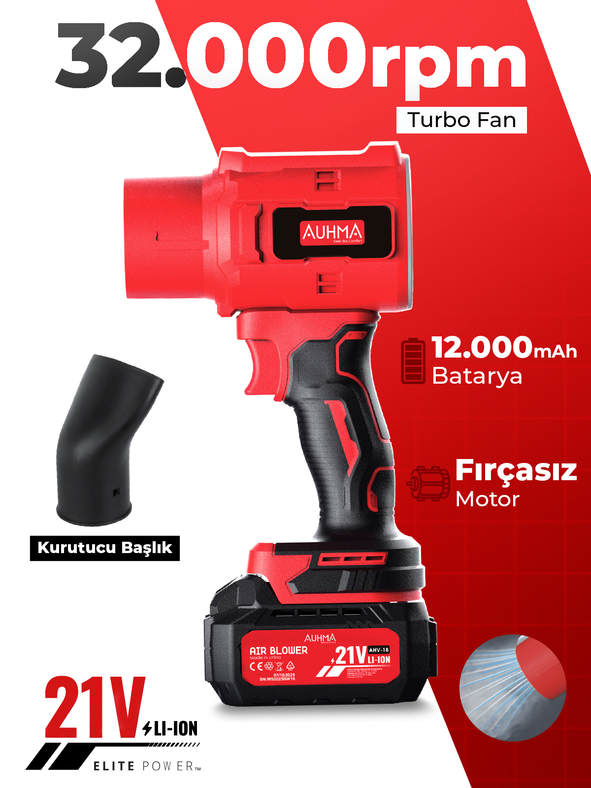 AUHMA AHV-18 Şarjlı Turbo Fan Hava Üfleyici Kırmızı - 21V Kömürsüz Motor (Brushless) - 32.000 RPM Oto Kurutma, PC Temizleme ve Bahçe Üfleme Makinesi