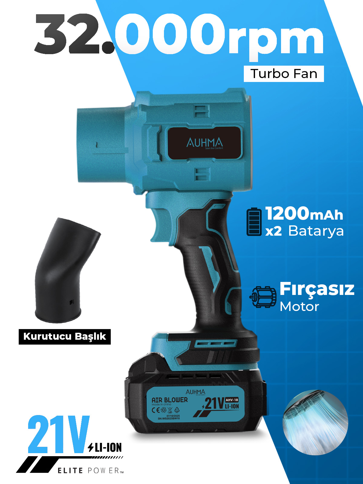AUHMA AHV-18 Şarjlı Turbo Fan Hava Üfleyici Mavi - 21V Kömürsüz Motor (Brushless) - 32.000 RPM Oto Kurutma, PC Temizleme ve Bahçe Üfleme Makinesi