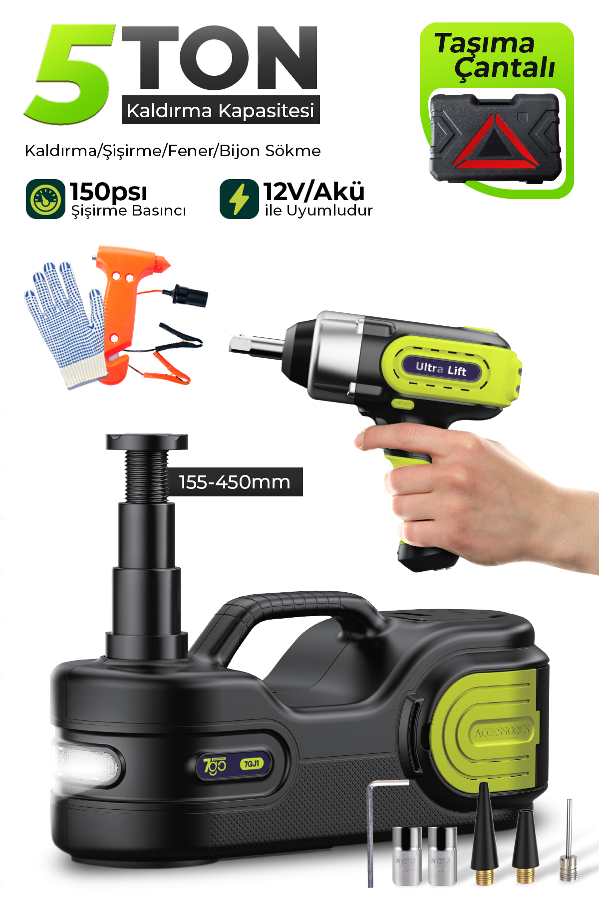 7GO 5 Ton 4in1 Profesyonel Elektrikli Hidrolik Kriko Seti - 12V Ultra Lift Kaldırma + Dijital Kompresör + Darbeli Bijon Sökme + LED Fener (Full Aksesuarlı Yol Yardım Kiti)