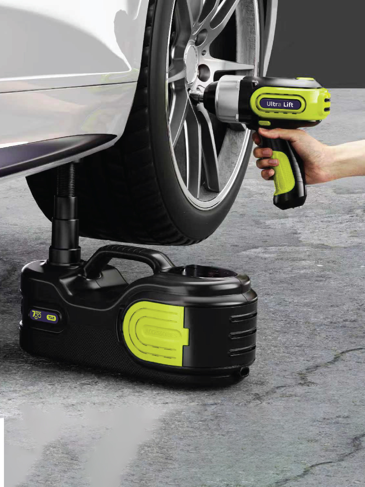 7GO 5 Ton 4in1 Profesyonel Elektrikli Hidrolik Kriko Seti - 12V Ultra Lift Kaldırma + Dijital Kompresör + Darbeli Bijon Sökme + LED Fener (Full Aksesuarlı Yol Yardım Kiti)