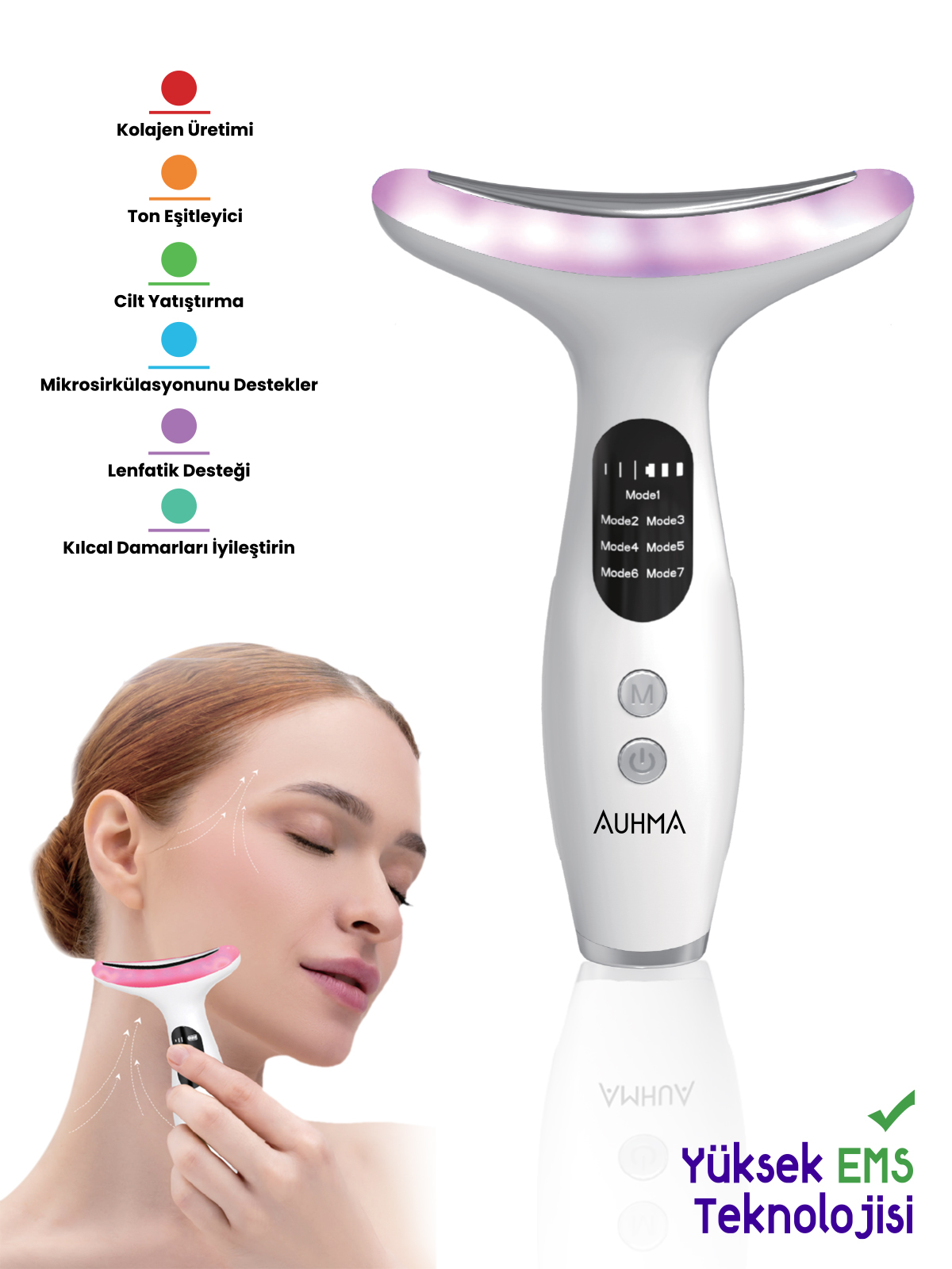 Auhma AHB-06 Yüz ve Boyun Germe Cihazı - 7 Fonksiyonlu Işık Terapisi & Yüksek EMS Teknolojili Cilt Gençleştirme ve Kırışıklık Karşıtı Bakım Cihazı