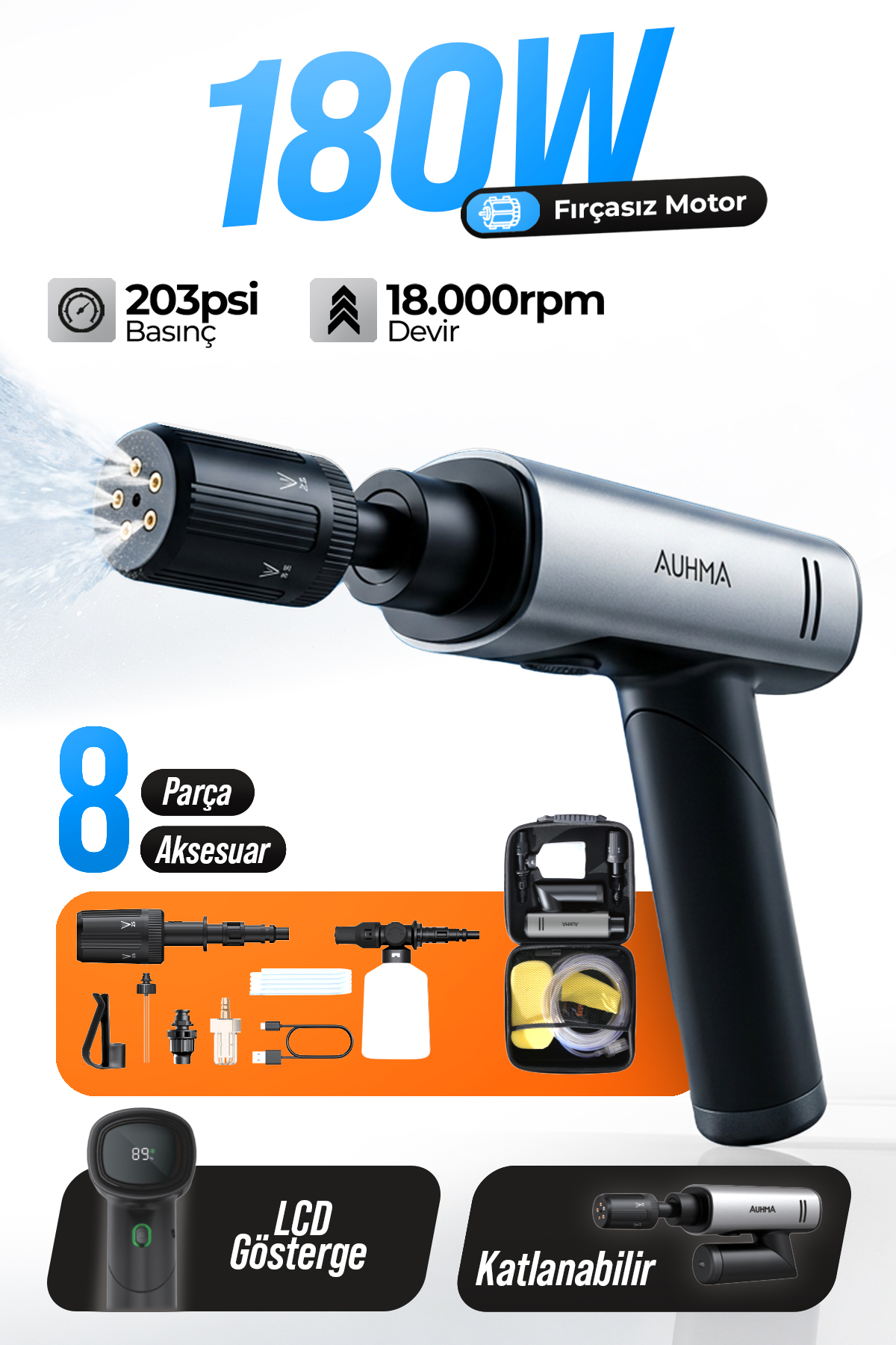 AUHMA ACR-09 180W Fırçasız Şarjlı Basınçlı Yıkama Makinesi – Katlanabilir Kablosuz Oto Yıkama Tabancası 203 PSI 18.000 mAh