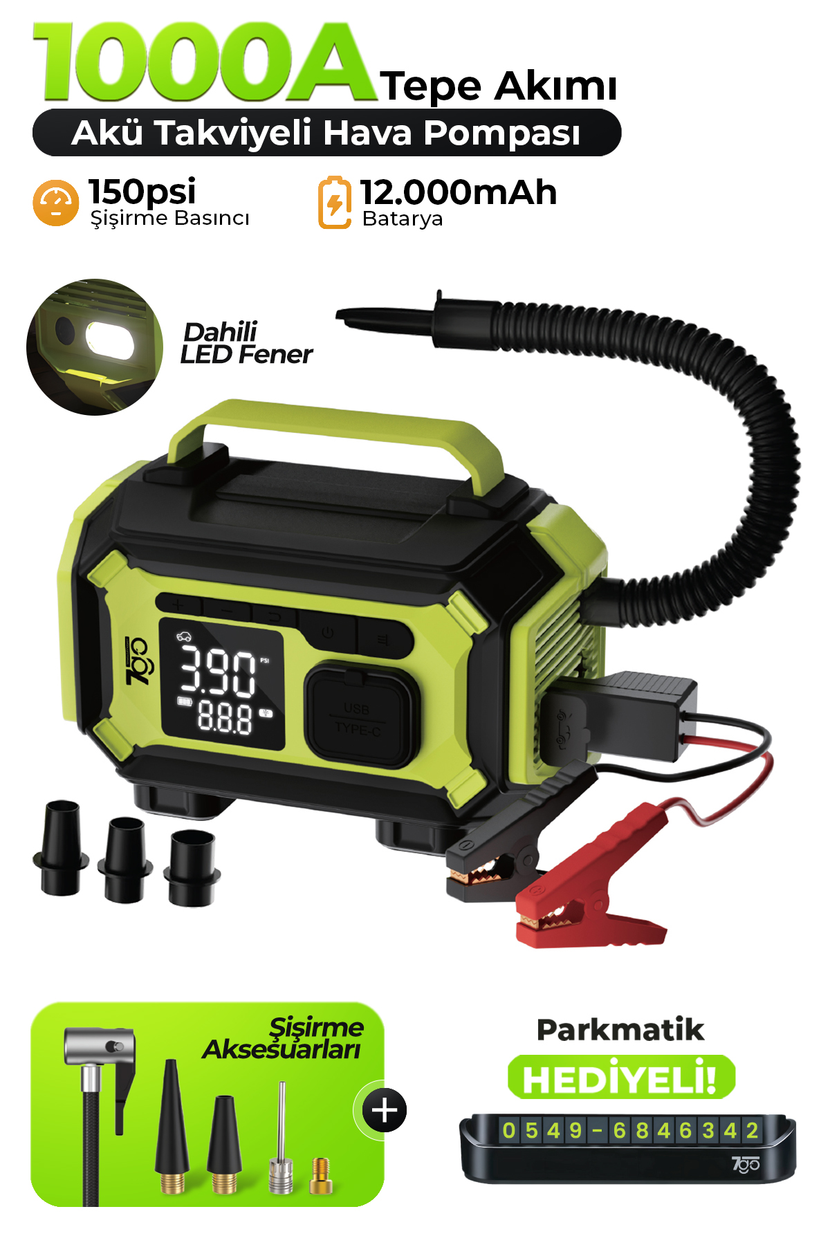 7GO 7A5 4-in-1 Akü Takviye Cihazı & Hava Kompresörü – 150 PSI Şarjlı Lastik Şişirme Pompası 12000mAh Powerbank & Fener
