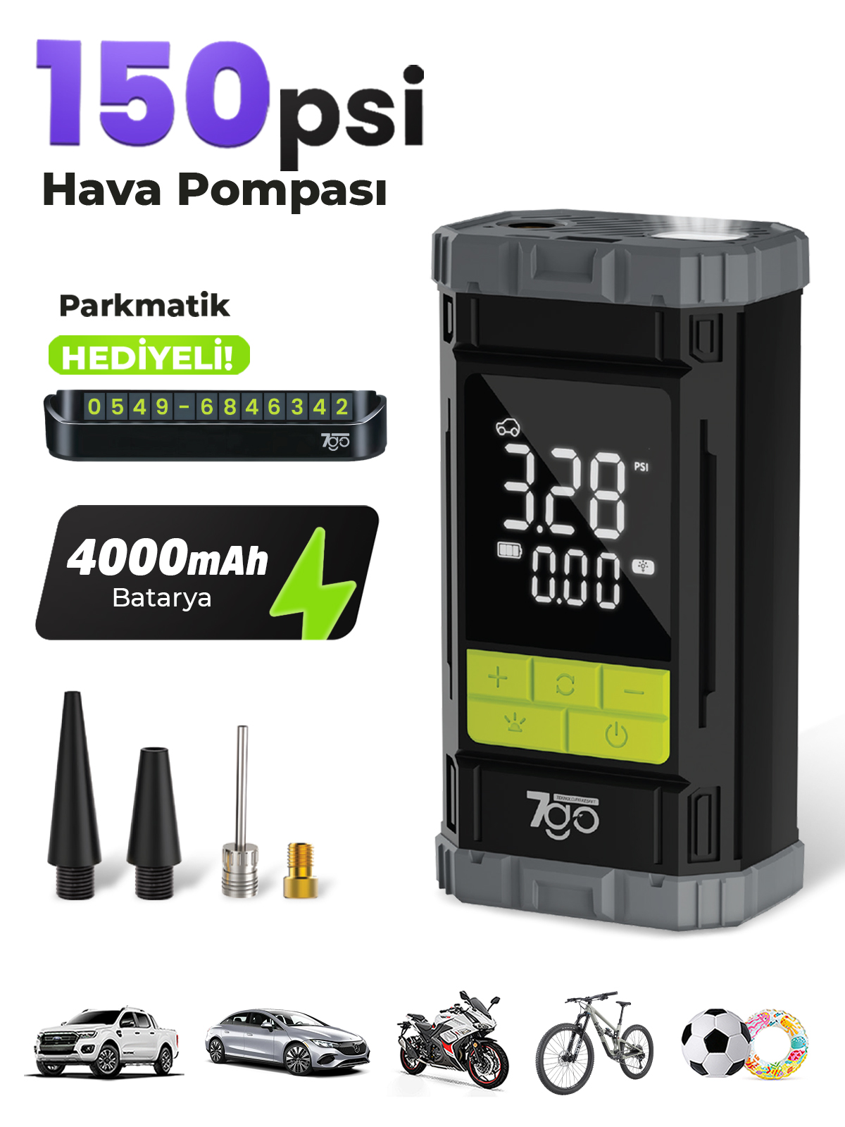 7A6 Turbo Boost Şarjlı Hava Pompası – 150 PSI Taşınabilir Lastik Şişirme Kompresörü 4000mAh Powerbank & Blower
