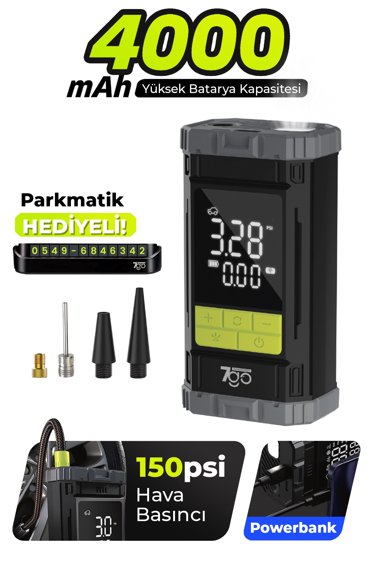 7A6 Turbo Boost Şarjlı Hava Pompası – 150 PSI Taşınabilir Lastik Şişirme Kompresörü 4000mAh Powerbank & Blower