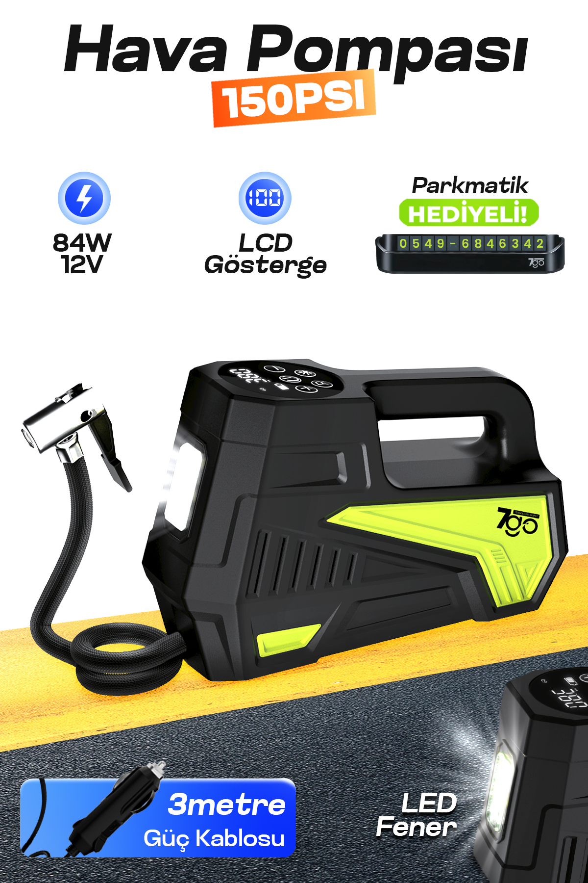 7GO 7A7 Turbo Boost 150 PSI Araç Hava Pompası – 12V Çakmaklık Girişli Dijital Lastik Şişirme Kompresörü