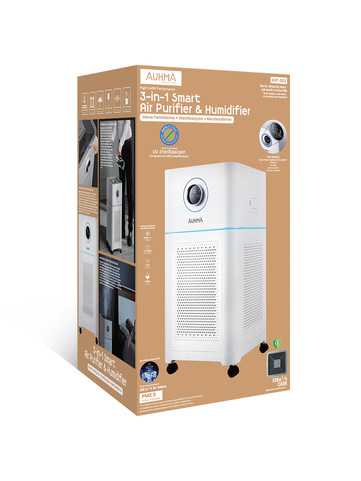 AUHMA ARP-003 Akıllı Hava Temizleyici ve Nemlendirici – UV-C Sterilizasyon & 610m³/h CADR