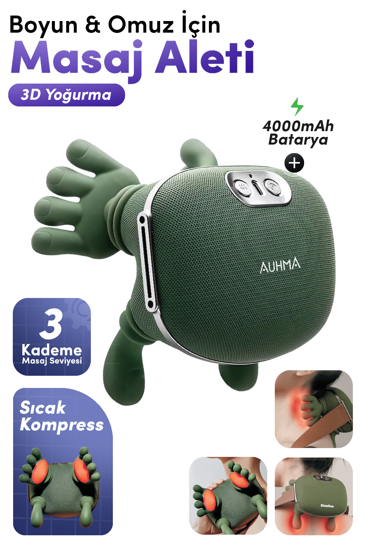 Auhma AMG38 Şarjlı Isıtmalı Boyun ve Omuz Masaj Aleti – 3D Yoğurma Derin Doku Shiatsu Masaj Cihazı (45°C Heat Therapy)