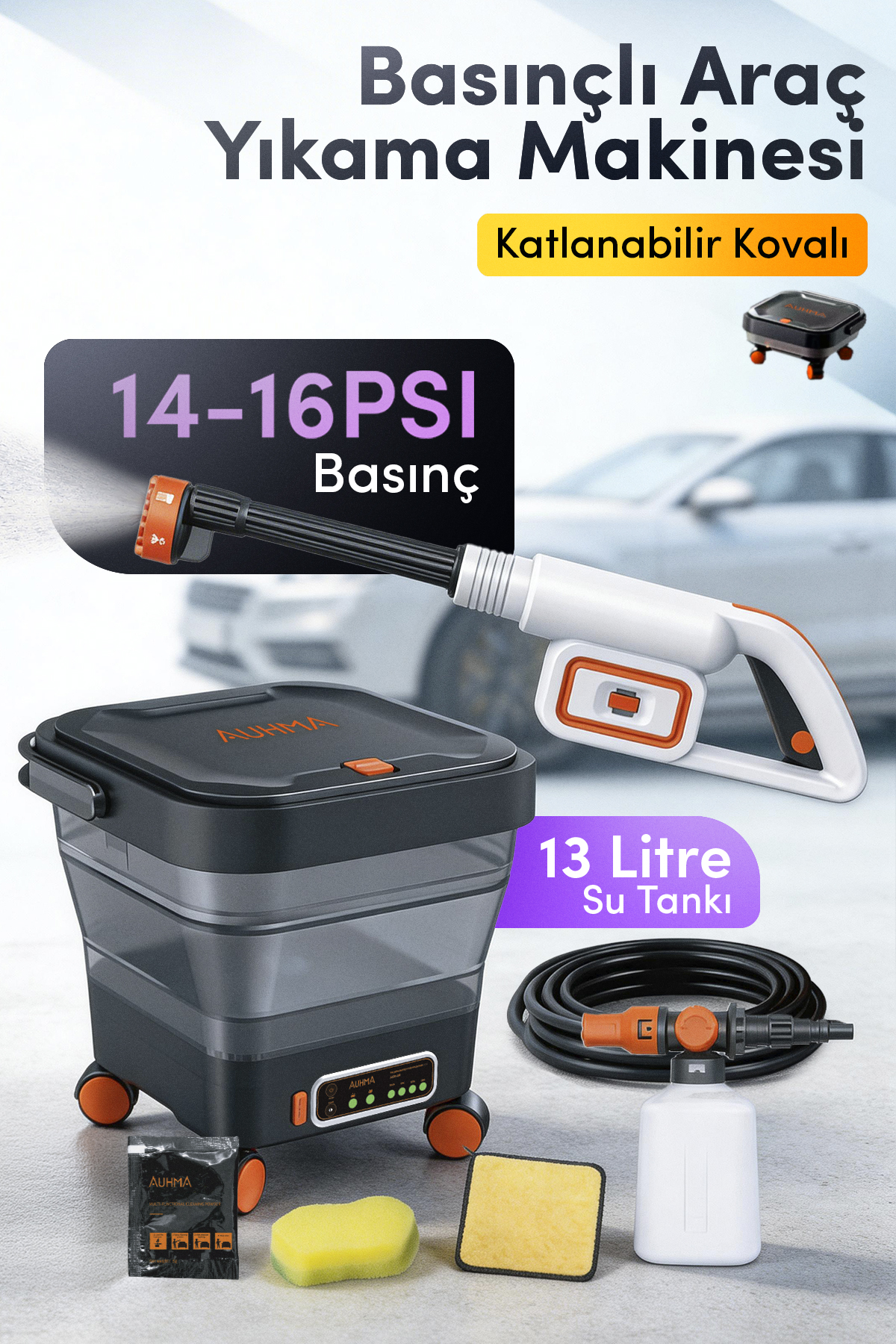 Auhma ACR-08 Şarjlı Basınçlı Araç Yıkama Makinesi Seti – 15L Katlanabilir Tekerlekli Kova, Kablosuz Oto Yıkama Pompası