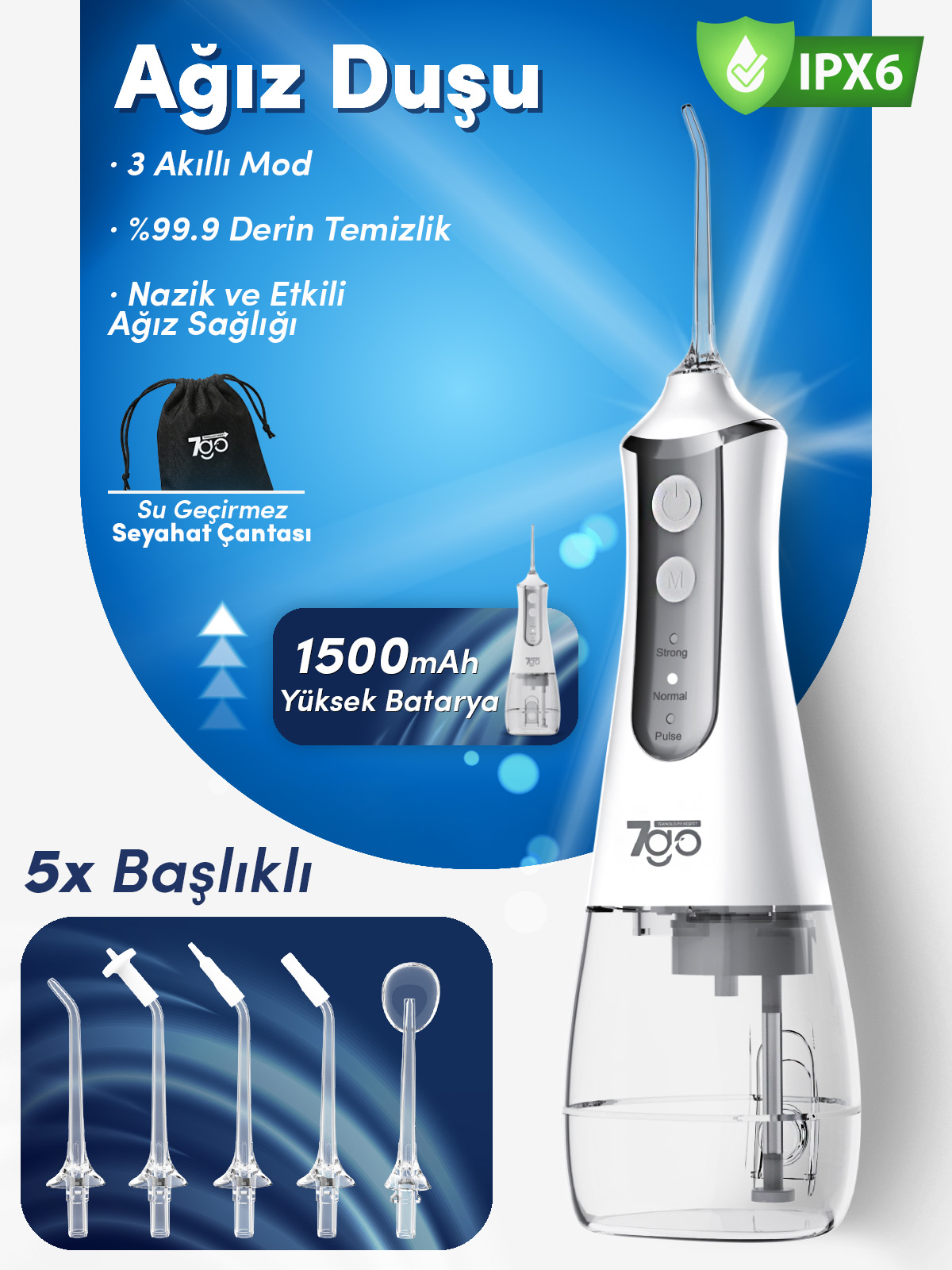 7GO 7GMF1 Şarjlı Ağız Duşu (Water Flosser) – 300ml Su Haznesi, 5 Başlıklı IPX6 Su Geçirmez Diş Temizleme Cihazı