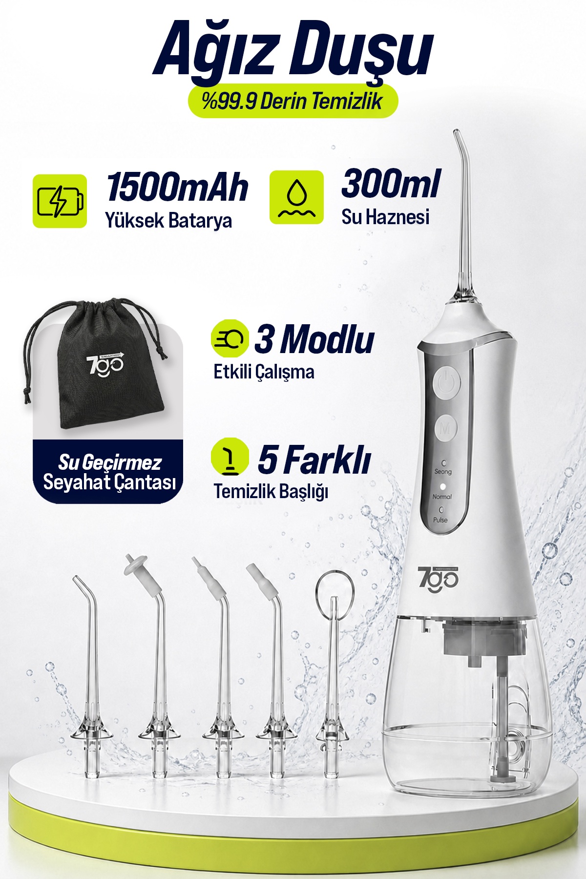 7GO 7GMF1 Şarjlı Ağız Duşu (Water Flosser) – 300ml Su Haznesi, 5 Başlıklı IPX6 Su Geçirmez Diş Temizleme Cihazı