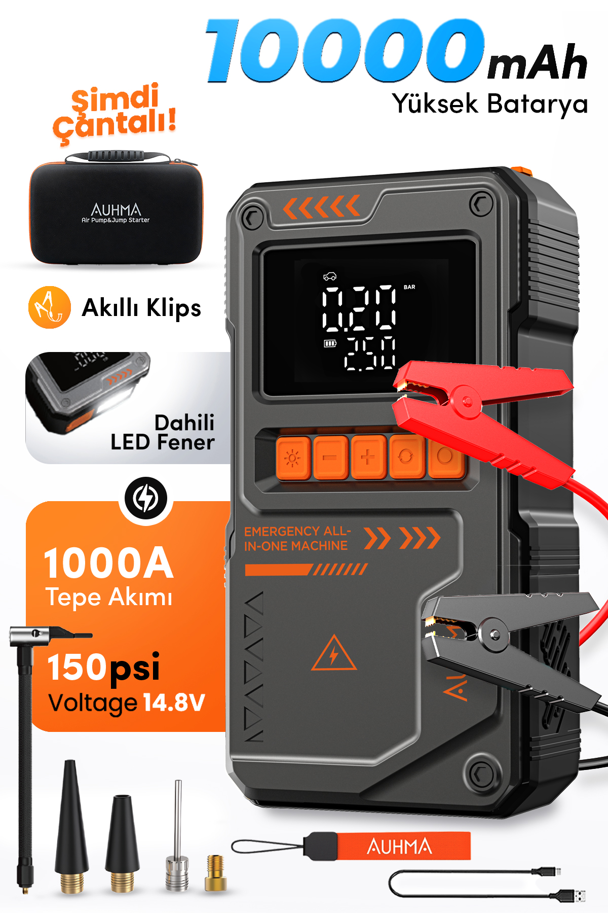 AUHMA A8822 4-in-1 Akıllı Akü Takviye Cihazı ve Hava Pompası - 10000mAh Powerbank & SOS Fener