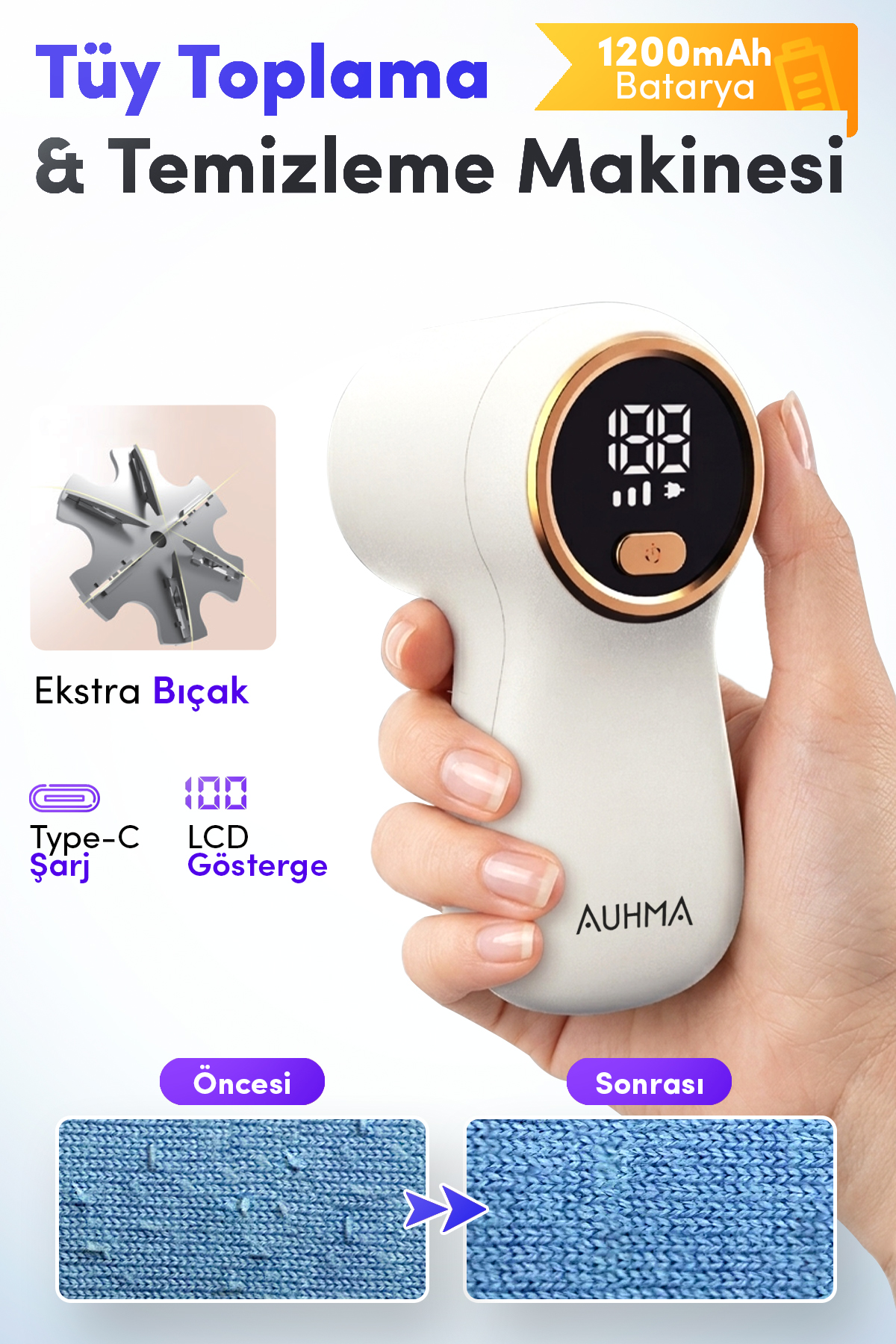 Auhma M118 Şarjlı Tüy Toplama Makinesi | 6 Bıçaklı Dijital Ekranlı Kumaş Tüy Temizleyici | Type-C Şarjlı Kazak, Koltuk ve Yatak Temizleme Cihazı