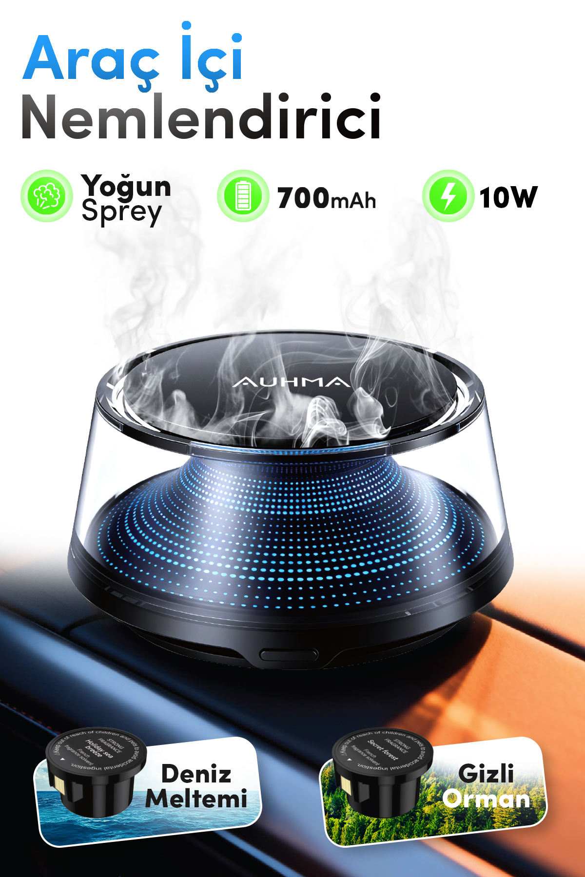 Auhma AF-12 Araç İçi Nemlendirici & Koku Makinesi | Nano Mist Sessiz Çalışma Aromaterapi Difüzör