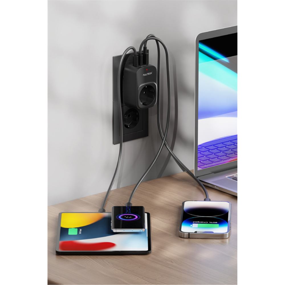 Fulltech FTR-24 Çoklu Duvar Prizi 16A 3680W Siyah | 2x USB-C + 1x USB-
