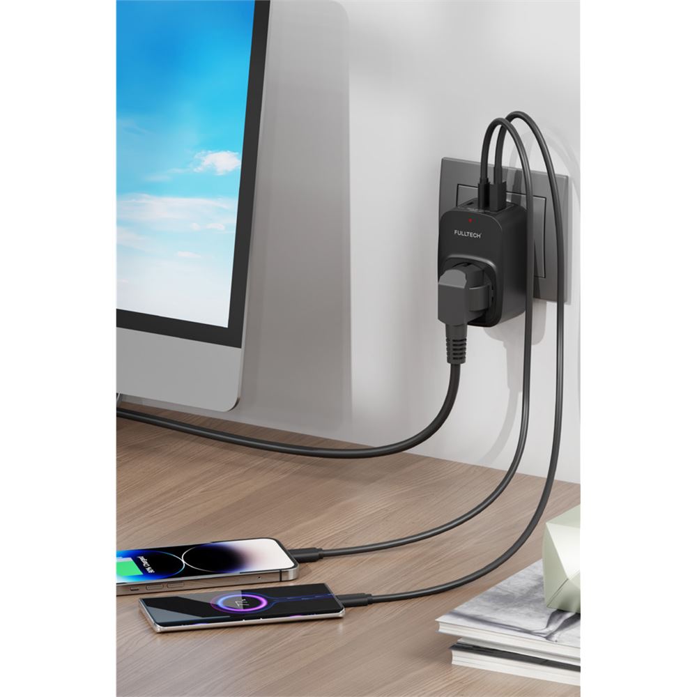 Fulltech FTR-24 Çoklu Duvar Prizi 16A 3680W Siyah | 2x USB-C + 1x USB-