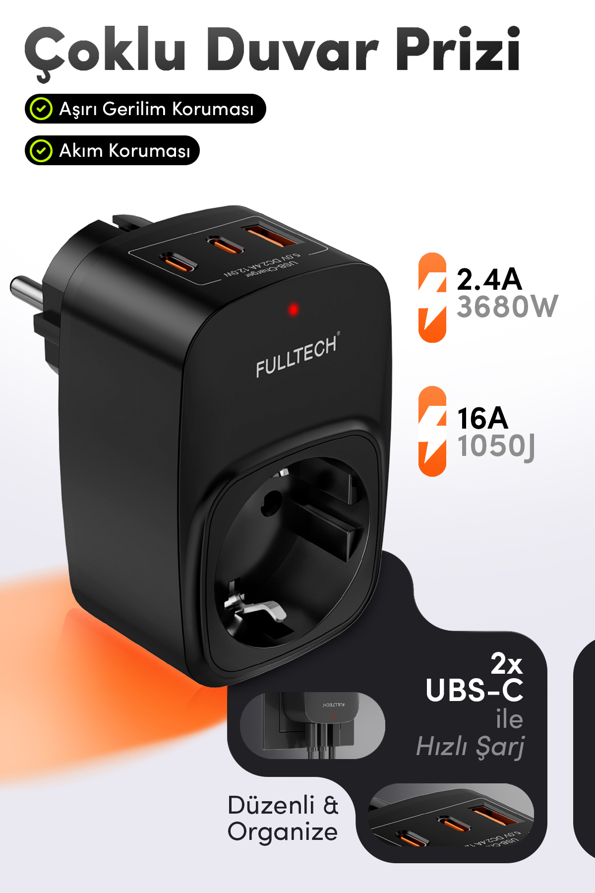 Fulltech FTR-24 Çoklu Duvar Prizi 16A 3680W Siyah | 2x USB-C + 1x USB-A Şarjlı Priz | Akım Korumalı (Surge Protection) Akıllı Priz