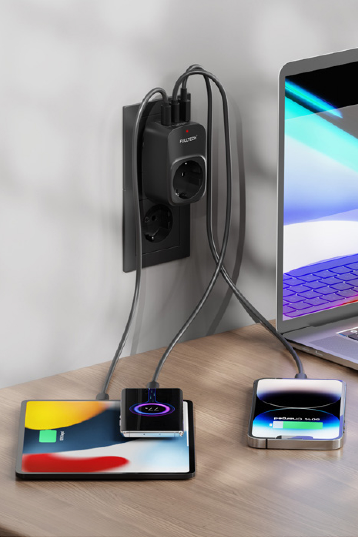 Fulltech FTR-24 Çoklu Duvar Prizi 16A 3680W Siyah | 2x USB-C + 1x USB-A Şarjlı Priz | Akım Korumalı (Surge Protection) Akıllı Priz