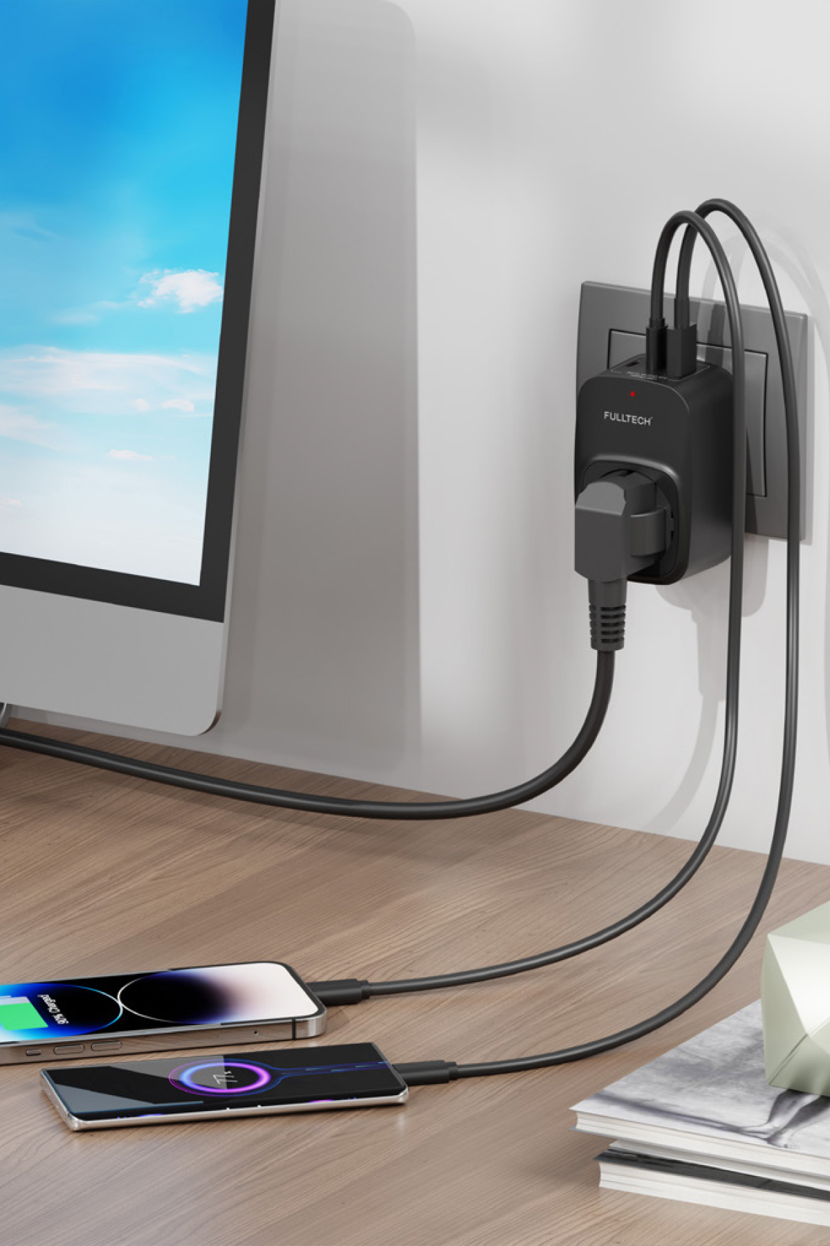 Fulltech FTR-24 Çoklu Duvar Prizi 16A 3680W Siyah | 2x USB-C + 1x USB-A Şarjlı Priz | Akım Korumalı (Surge Protection) Akıllı Priz