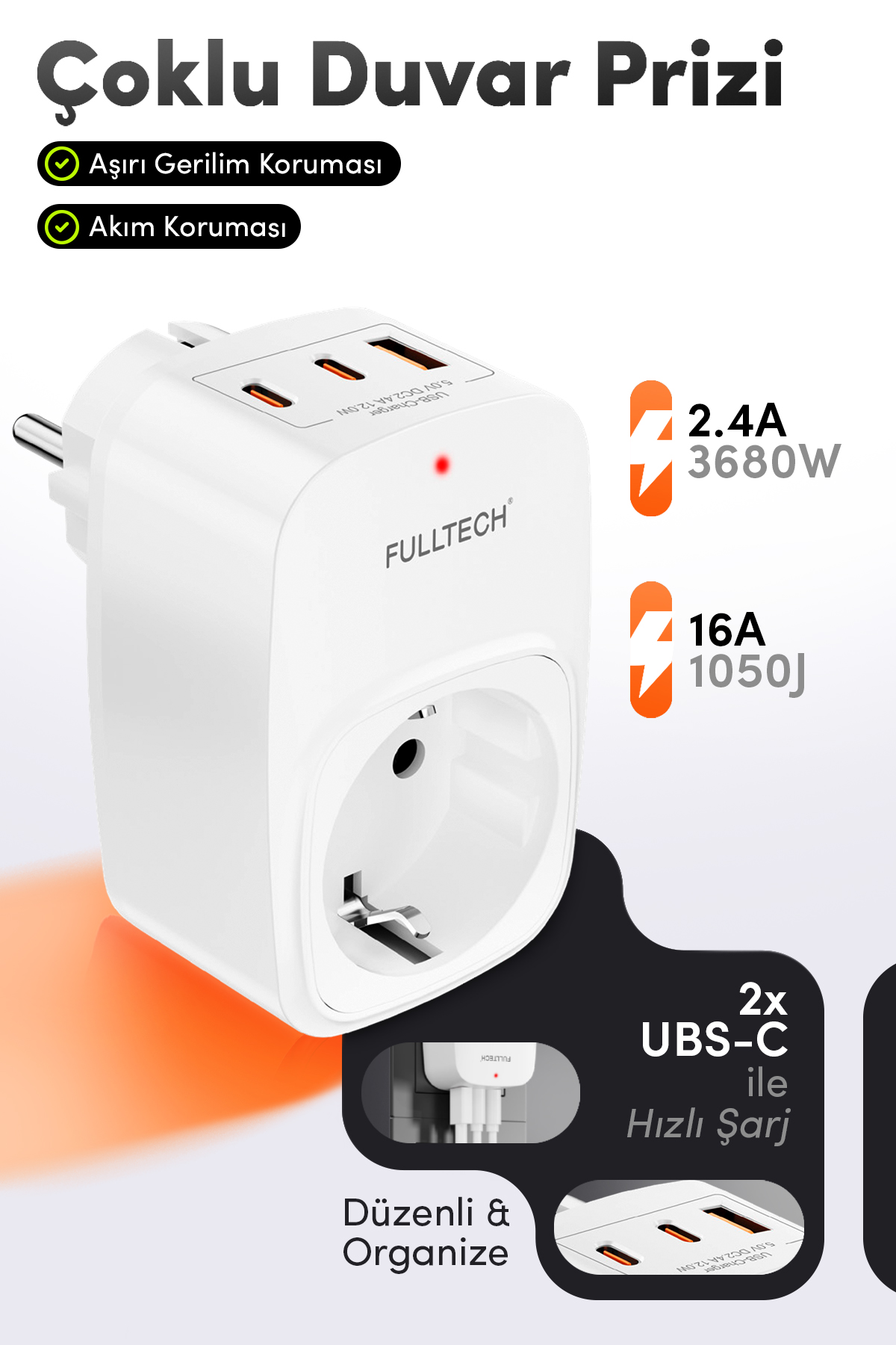 Fulltech FTR-24 Çoklu Duvar Prizi 16A 3680W Beyaz | 2x USB-C + 1x USB-A Şarjlı Priz | Akım Korumalı (Surge Protection) Akıllı Priz