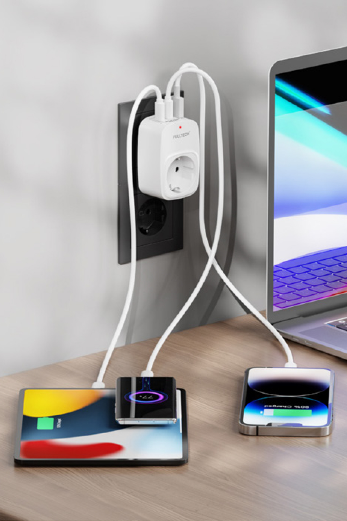 Fulltech FTR-24 Çoklu Duvar Prizi 16A 3680W Beyaz | 2x USB-C + 1x USB-A Şarjlı Priz | Akım Korumalı (Surge Protection) Akıllı Priz