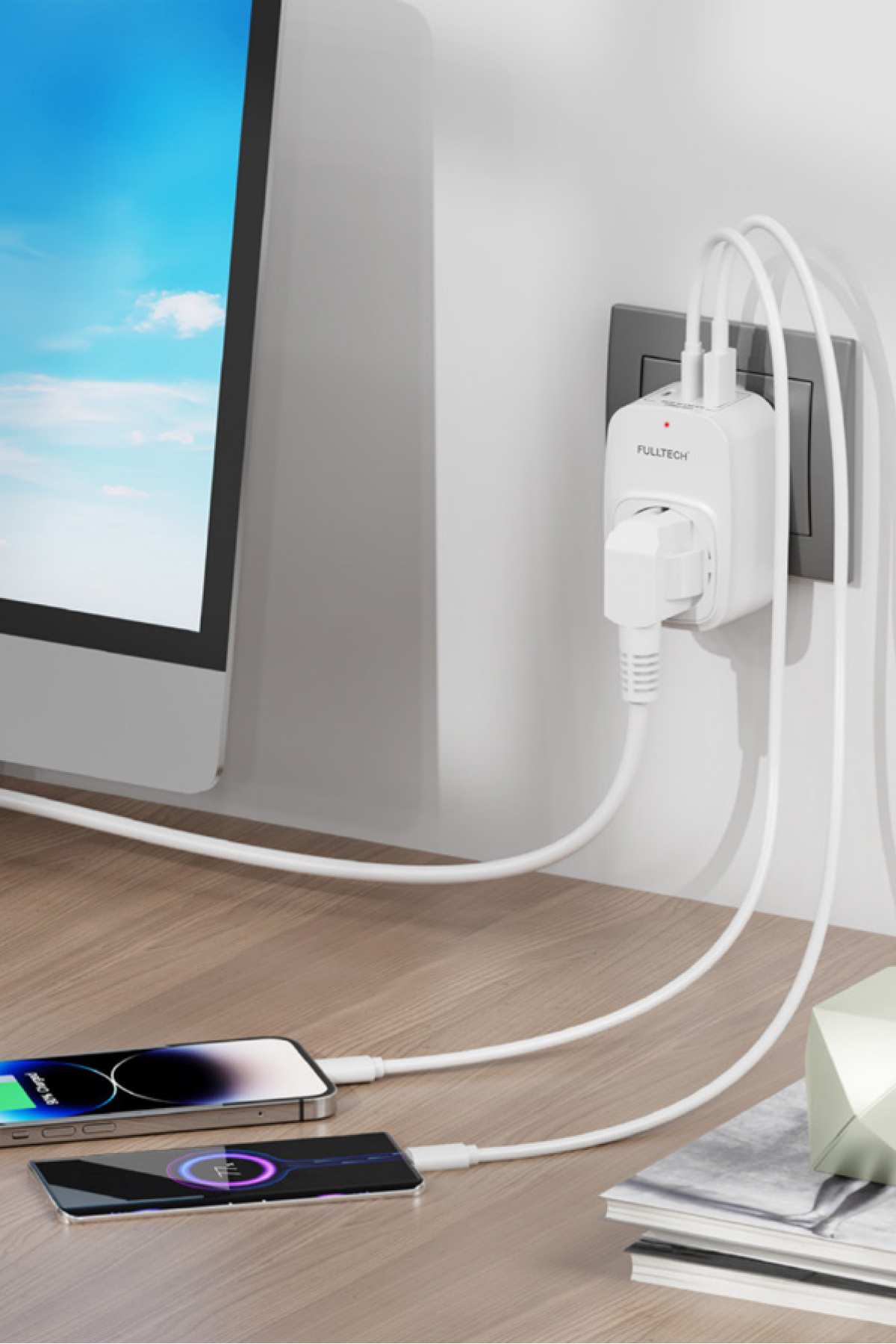 Fulltech FTR-24 Çoklu Duvar Prizi 16A 3680W Beyaz | 2x USB-C + 1x USB-A Şarjlı Priz | Akım Korumalı (Surge Protection) Akıllı Priz