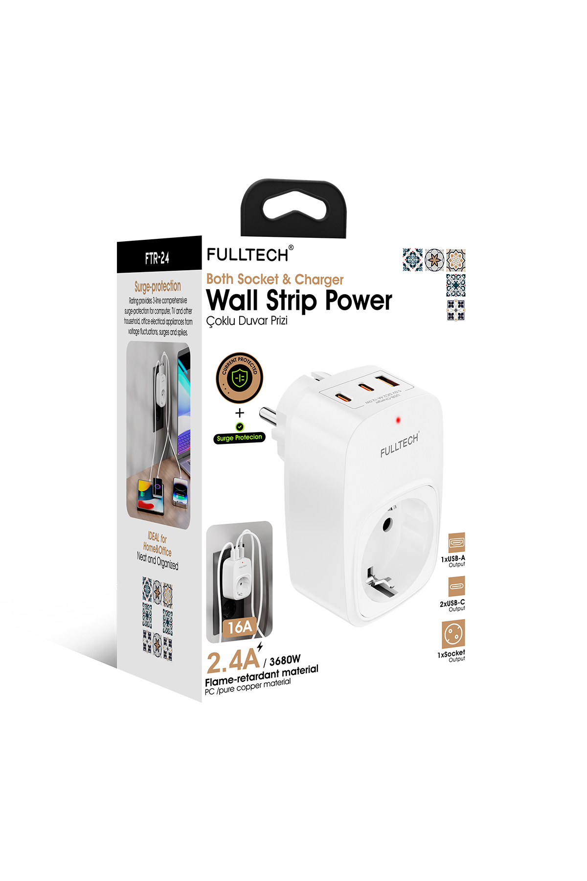 Fulltech FTR-24 Çoklu Duvar Prizi 16A 3680W Beyaz | 2x USB-C + 1x USB-A Şarjlı Priz | Akım Korumalı (Surge Protection) Akıllı Priz